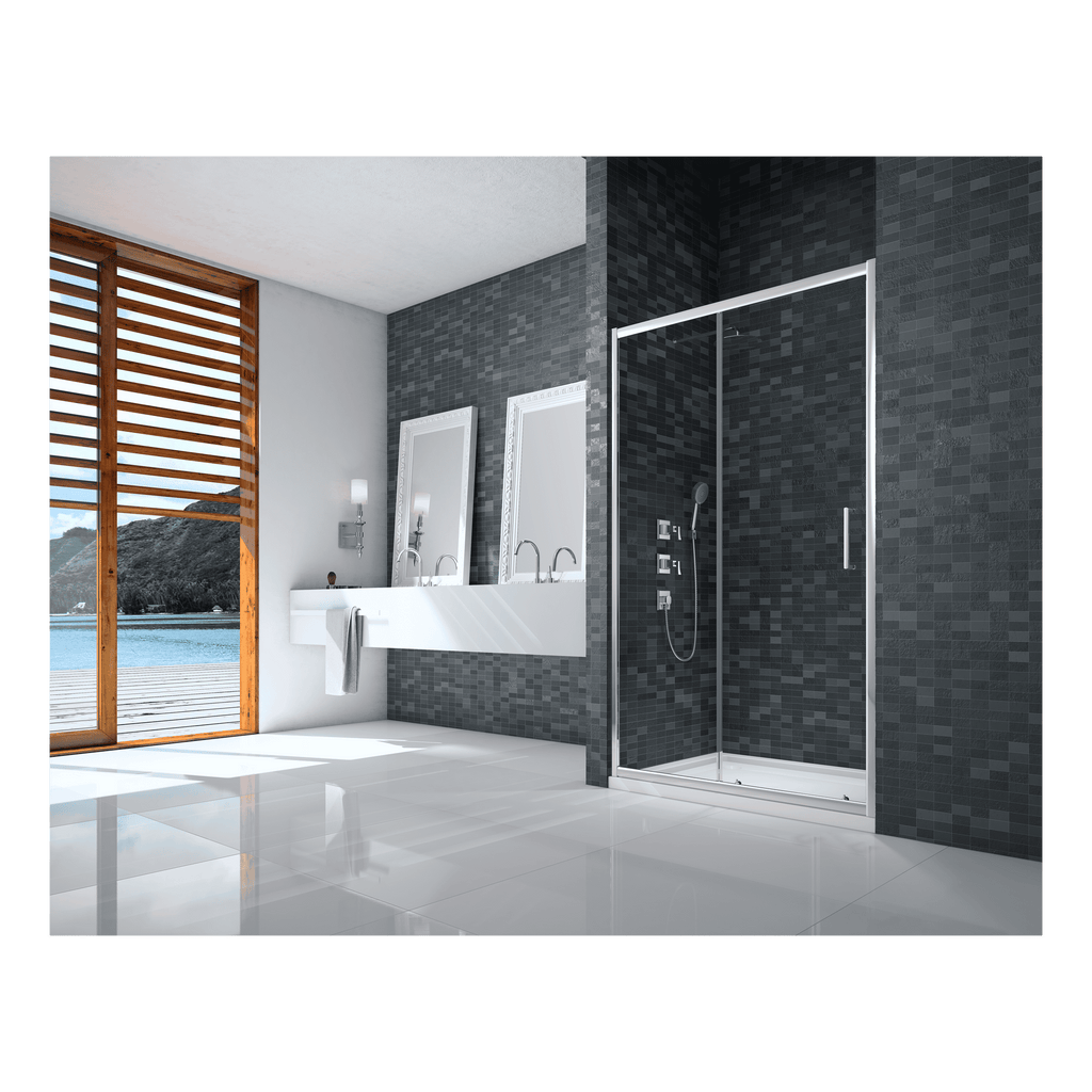 Modern contemporary bathroom with black mosaic tiles, double sinks, large mirrors, and a sleek walk-in shower, featuring natural light from a large window overlooking a scenic view.