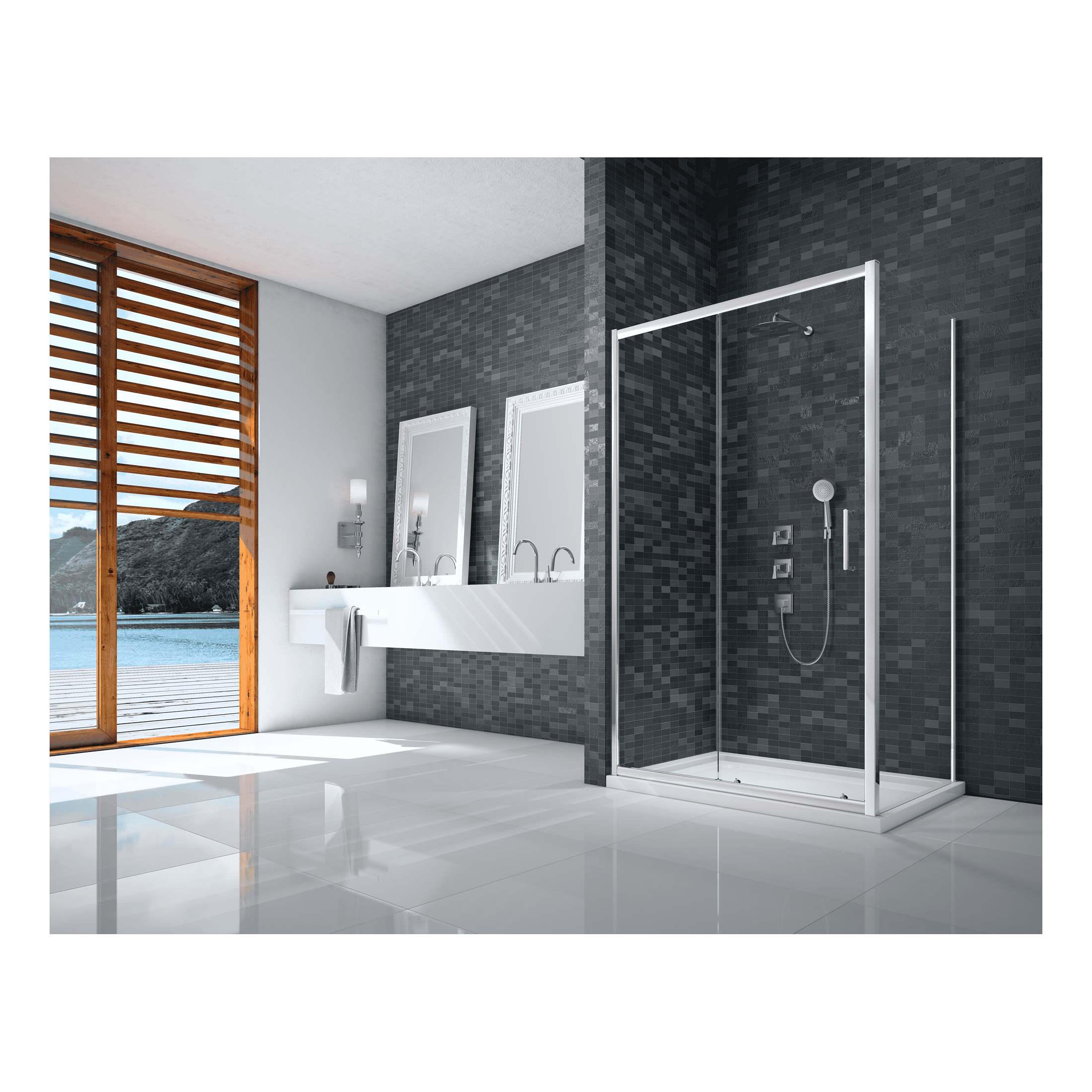 Modern bathroom with black mosaic tiles, dual sinks with mirrors, and a stylish shower enclosure, featuring contemporary bathroom fixtures and a scenic view through the wooden window.