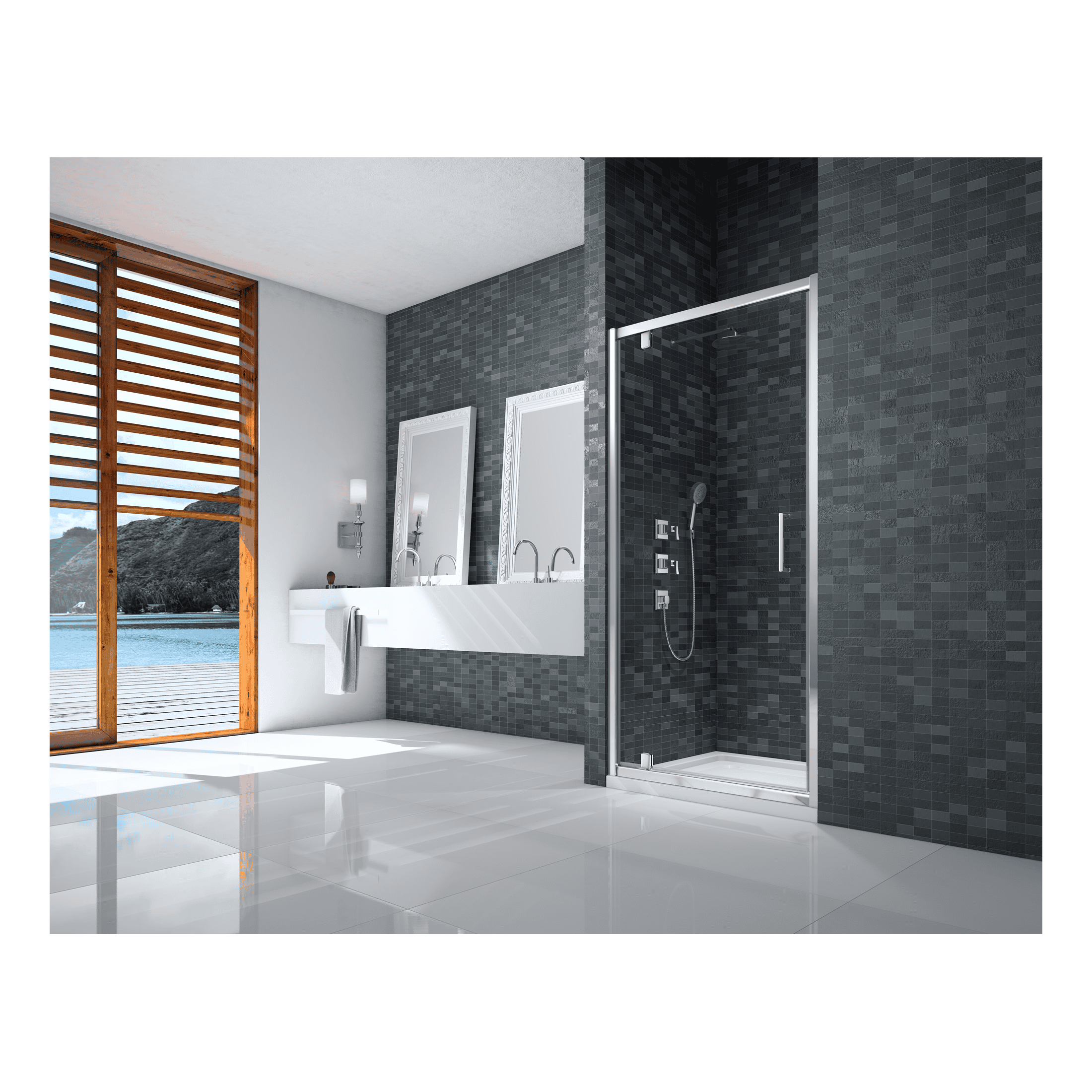 Modern bathroom with black tiled shower area, double sinks, large mirrors, and ocean view from wooden window, showcasing contemporary Bubly Bathrooms design and premium fixtures.