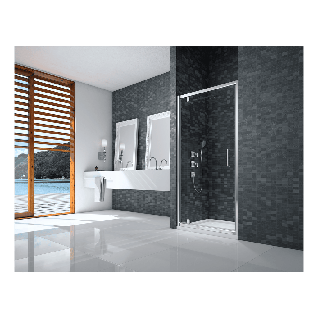 Modern bathroom with black tiled shower area, double sinks, large mirrors, and ocean view from wooden window, showcasing contemporary Bubly Bathrooms design and premium fixtures.