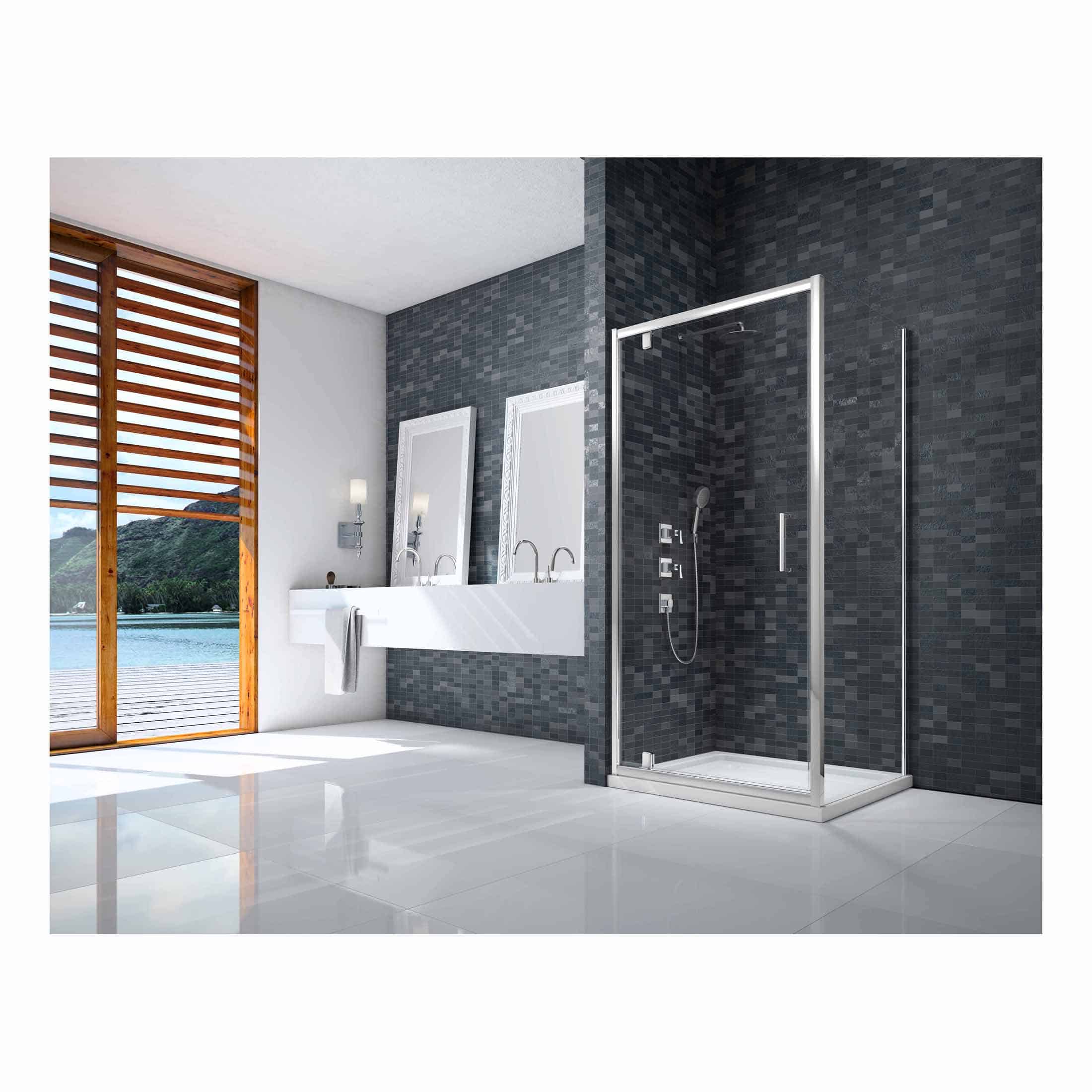 Modern walk-in shower with black mosaic tiles, sleek fixtures, and a large window overlooking a scenic lakeside view in a contemporary bathroom.