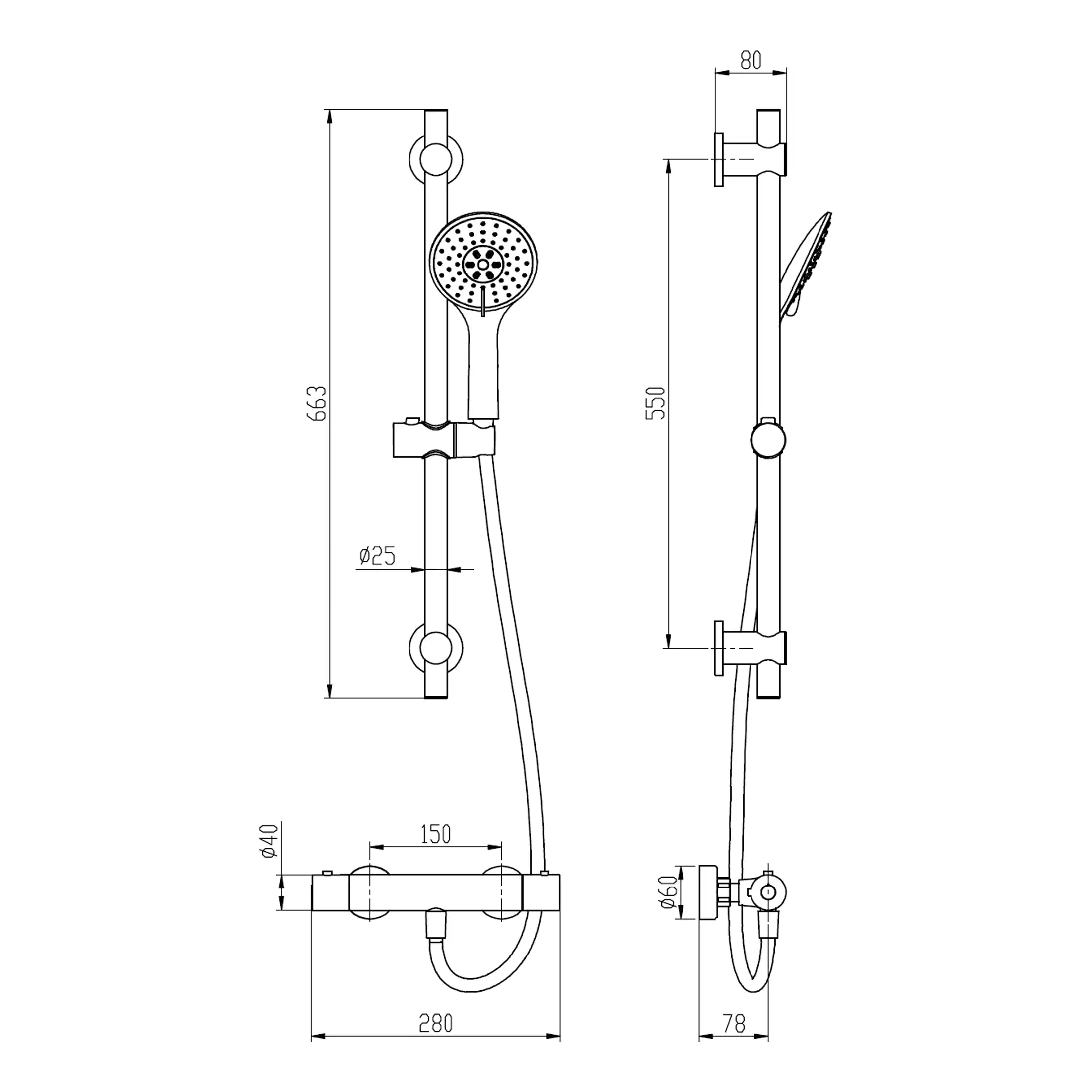 Sleek shower head and adjustable rail assembly with detailed technical drawing, perfect for modern bathroom renovations and plumbing installations.