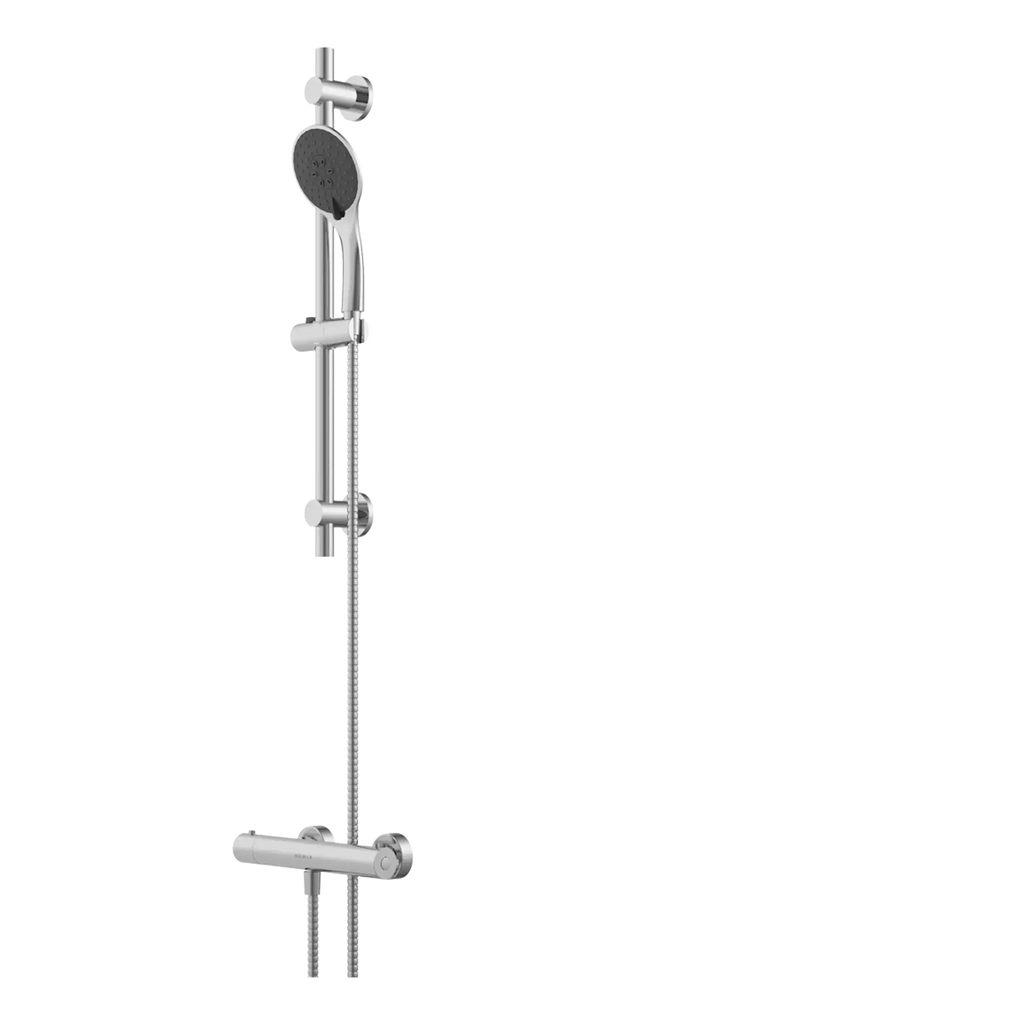 Flexible Chrome Shower Rail with Detachable Handheld Shower Head and Tension Mount System for Modern Bathroom Renovations.