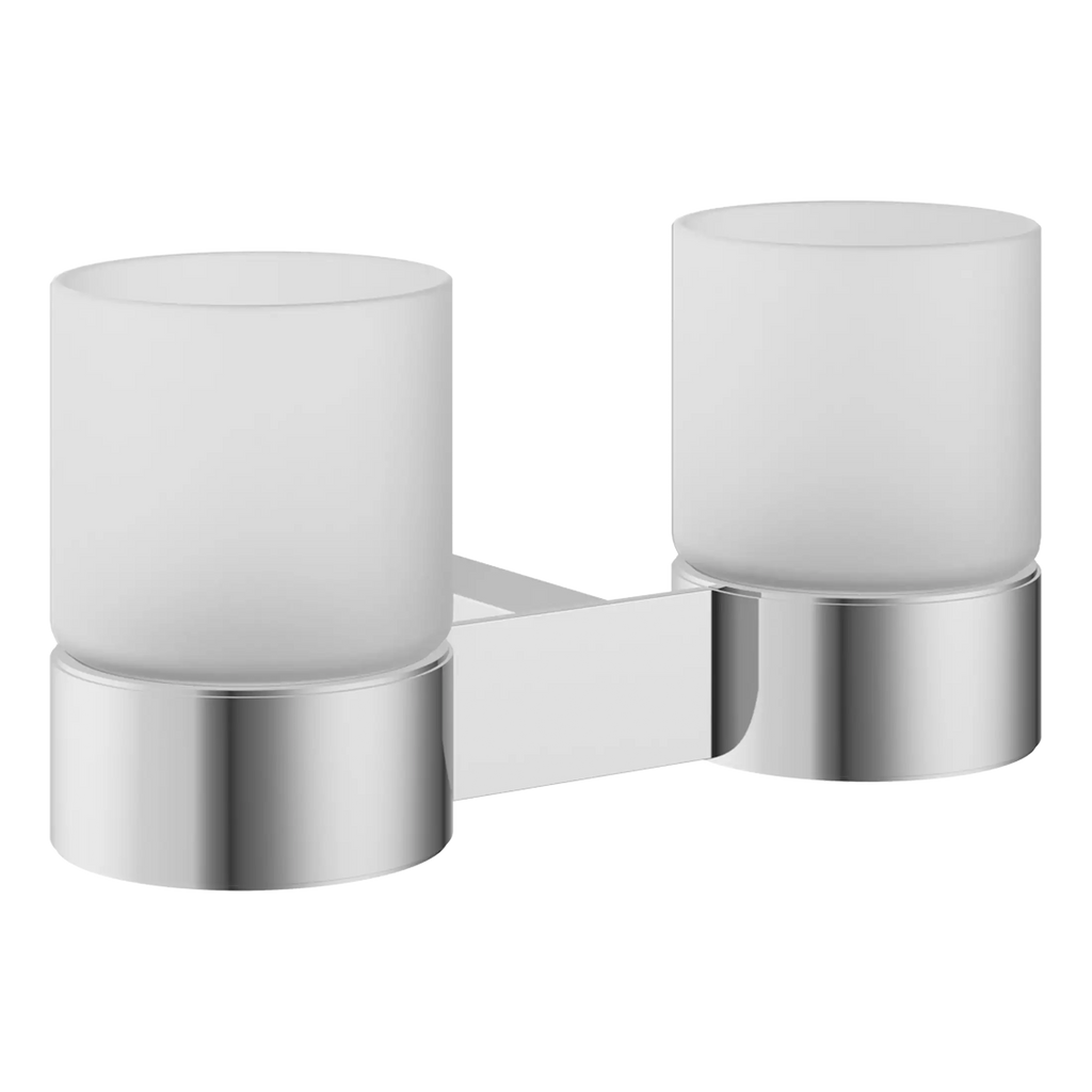 Sleek modern double bathroom wall light with frosted glass shades and polished chrome finish, perfect for contemporary bathroom lighting design.