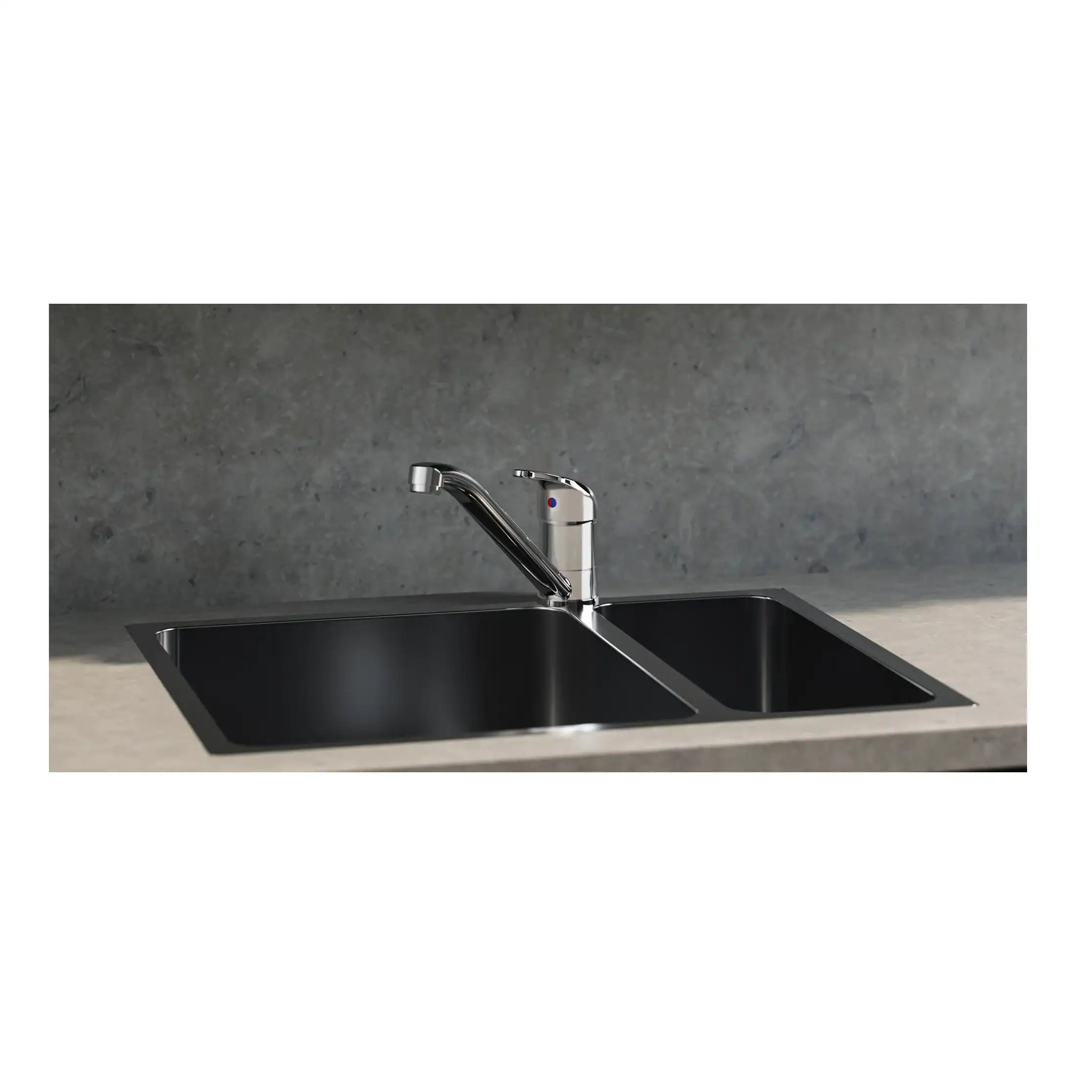 Stainless steel double kitchen sink with modern chrome faucet, suitable for contemporary bathroom or kitchen renovation. Designed for durability and sleek aesthetic appeal.