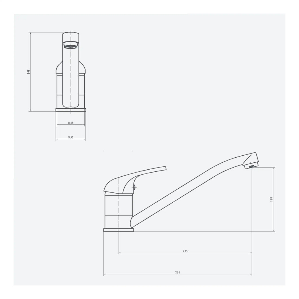 Precision technical drawing of Bubly Bathrooms kitchen sink tap with detailed dimensions for bespoke bathroom and kitchen design. Ideal for plumbing installation and product specifications.