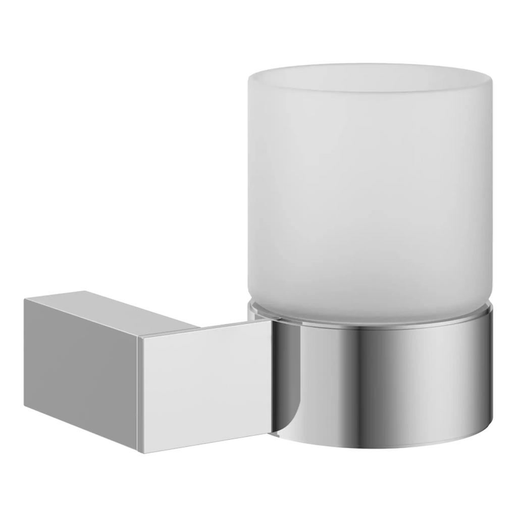 Sleek modern bathroom accessories with minimalist design, featuring a chrome finish and cylindrical shapes, ideal for enhancing contemporary bathroom decor.