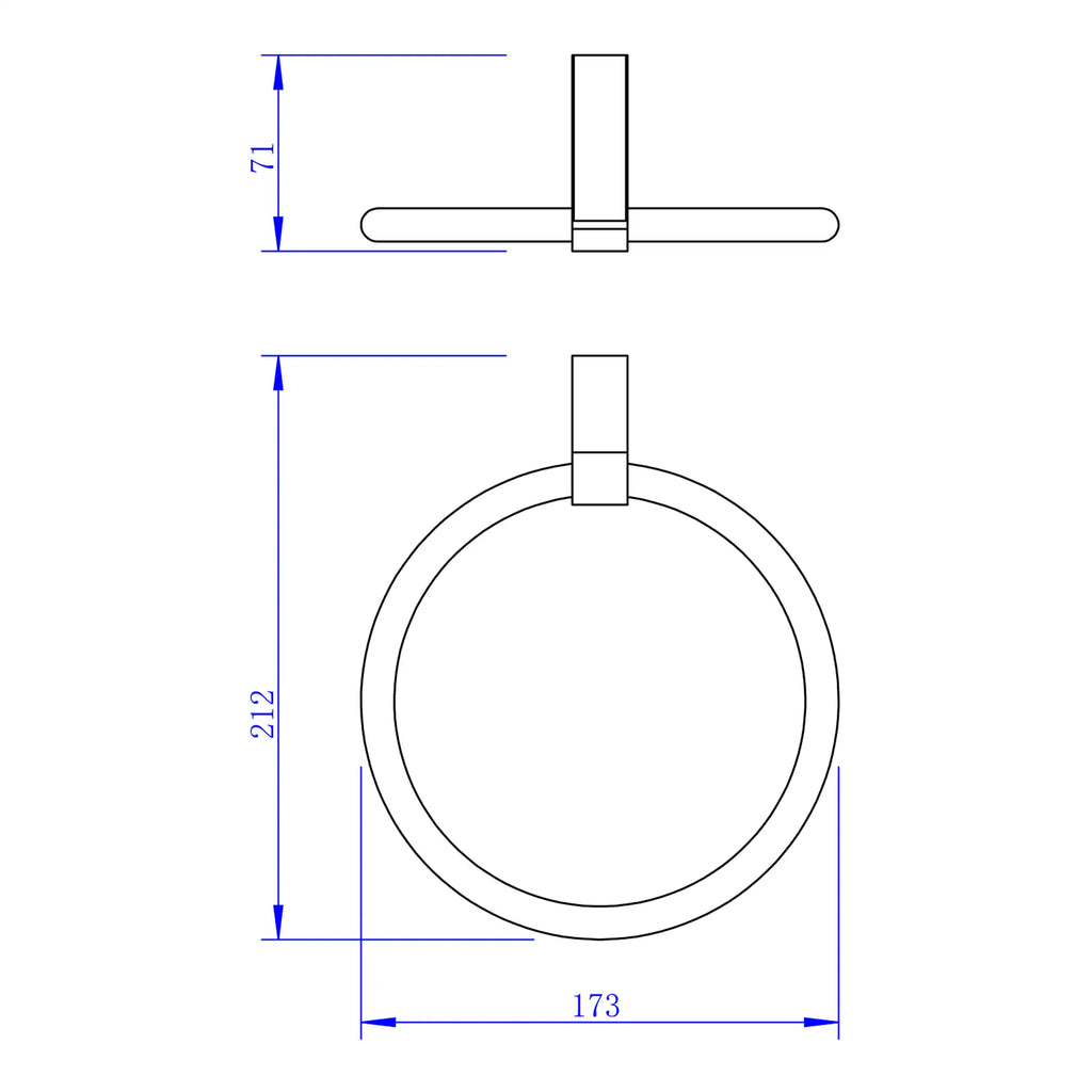 High-quality technical drawing of a bathroom towel ring with precise measurements for bathroom fixtures and accessories, showcasing modern bathroom design.