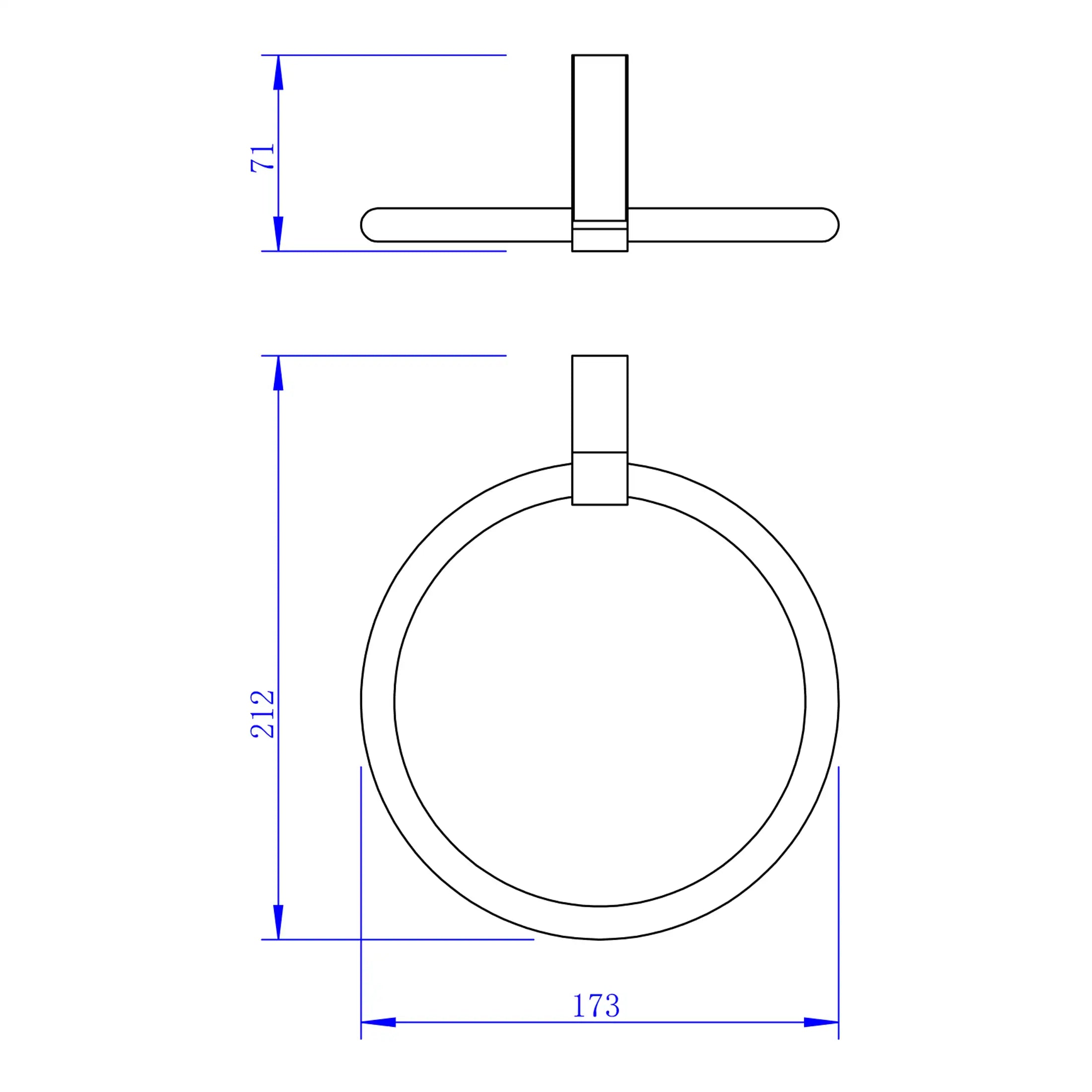 High-quality technical drawing of a bathroom towel ring with precise measurements for bathroom fixtures and accessories, showcasing modern bathroom design.
