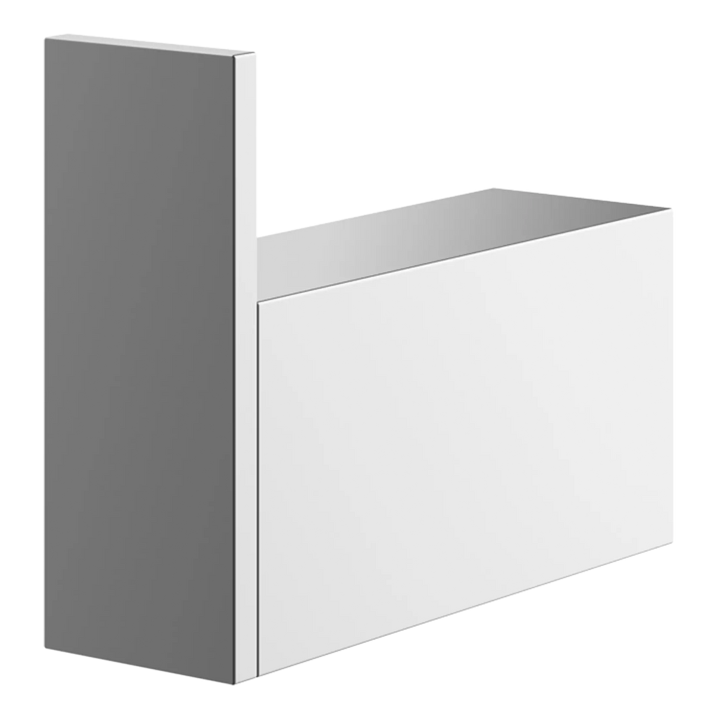 Sleek modern bathroom vanity with white cabinetry and grey panel, minimalist design, ideal for contemporary bathrooms, providing ample storage and stylish look.