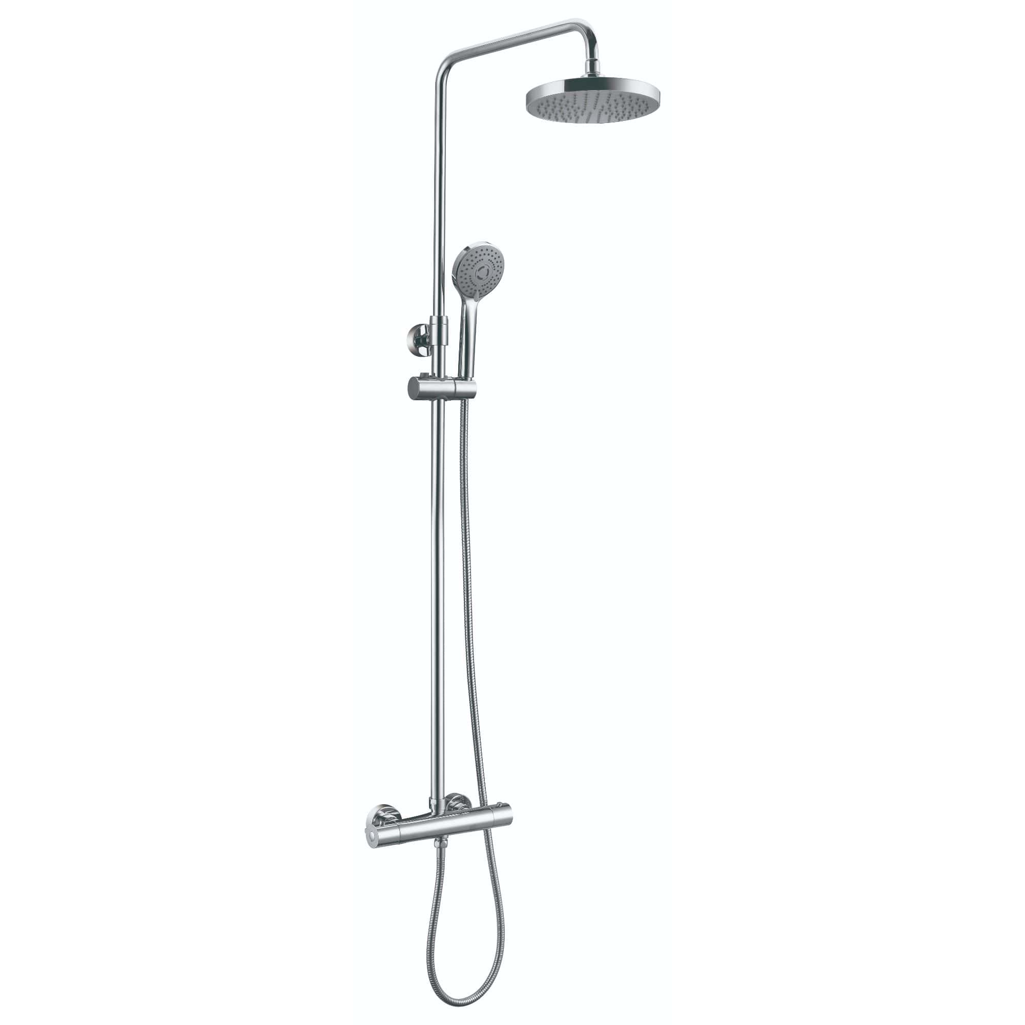 Polished chrome shower system with adjustable overhead and handheld shower heads, modern bathroom fixture, easy installation for stylish Bubly Bathrooms showers.