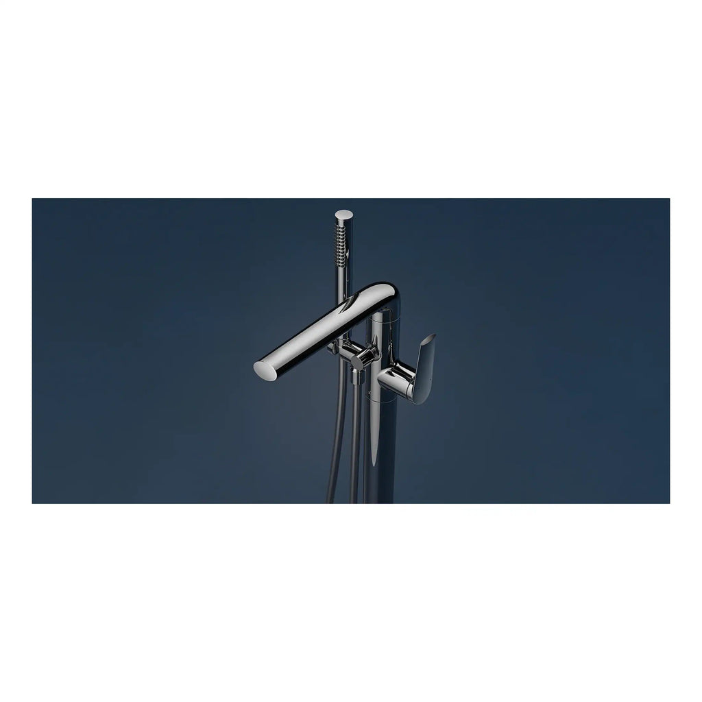 Sleek chrome bathroom mixer tap with an attached handheld showerhead on a dark background. Modern bathroom fixtures for stylish and functional bathroom renovations.