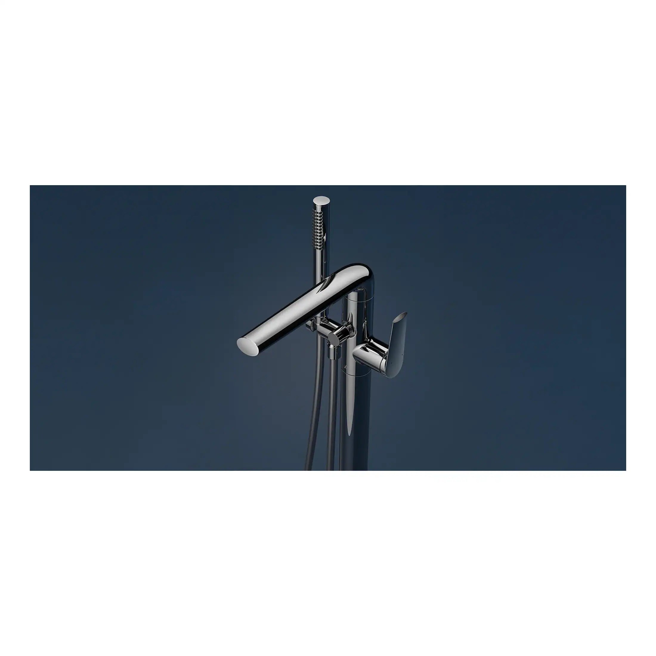 Sleek chrome bathroom mixer tap with an attached handheld showerhead on a dark background. Modern bathroom fixtures for stylish and functional bathroom renovations.