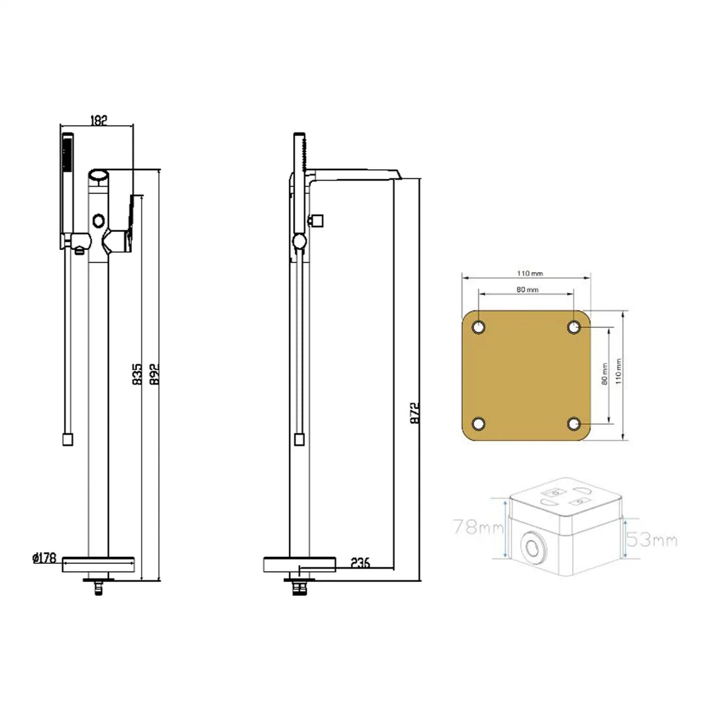 Precise technical engineering drawing of a modern bathroom shower panel with dimensions, plumbing connections, and installation components for quality bathroom upgrade.
