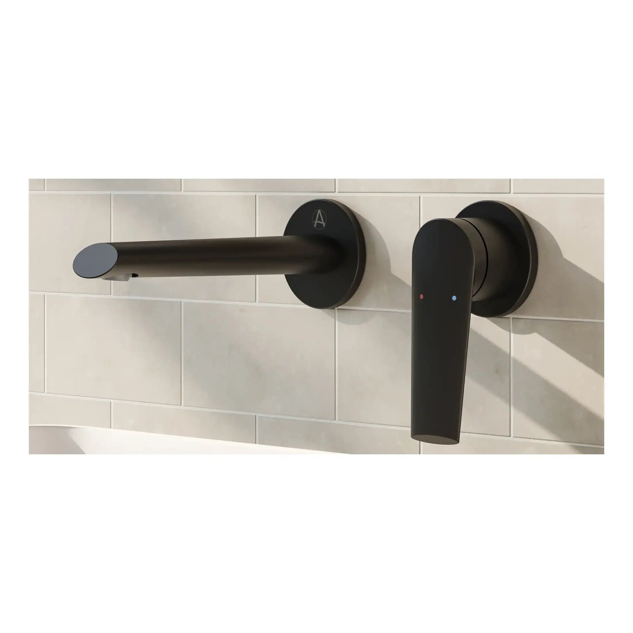 Sleek black wall-mounted bathroom tap and digital control lever on white tiled wall, modern bathroom fixtures, Bubly Bathrooms, contemporary design for stylish bathrooms.