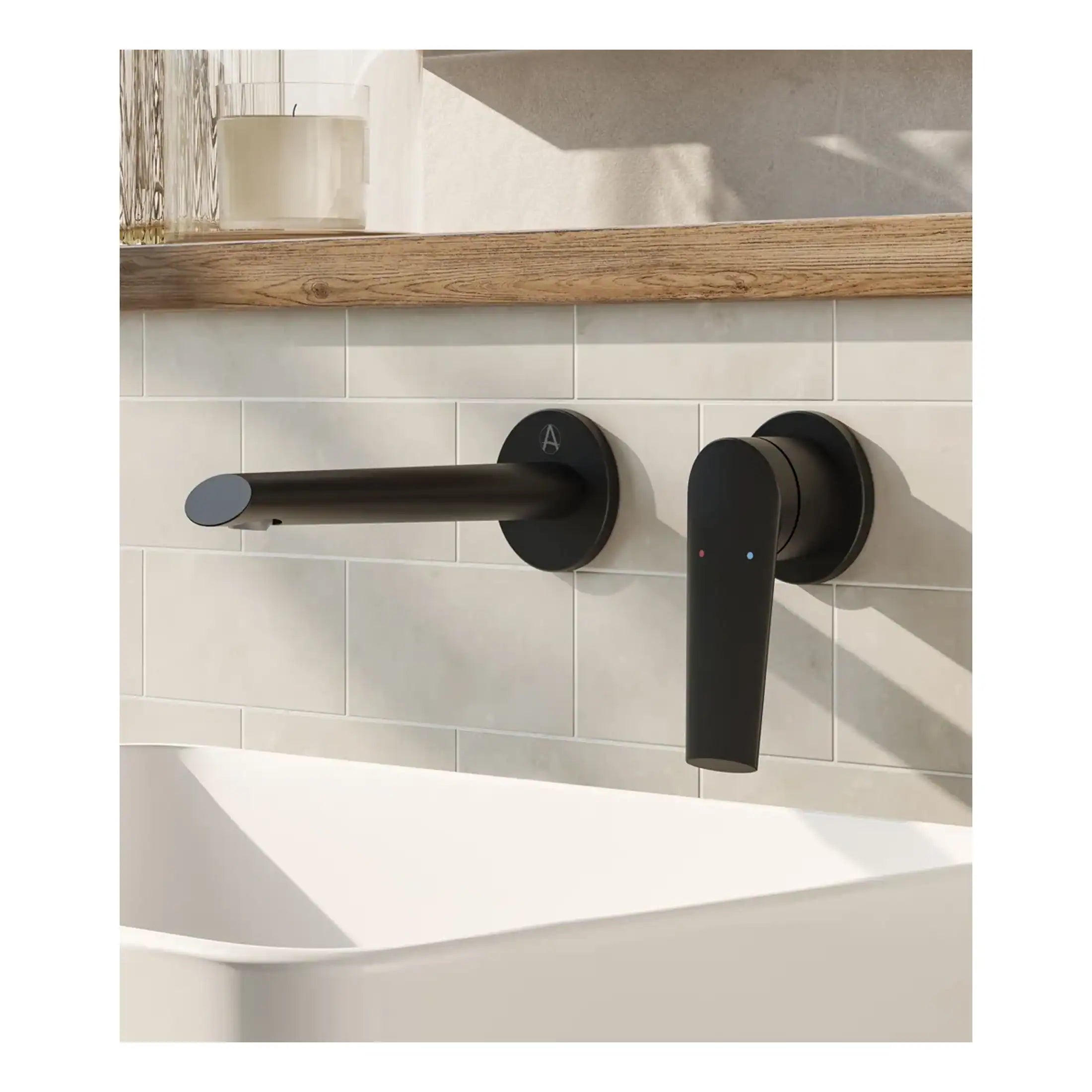 Sleek black bathroom mixer tap with matching digital control, modern style for contemporary bathroom design, high-quality fixtures from Bubly Bathrooms.