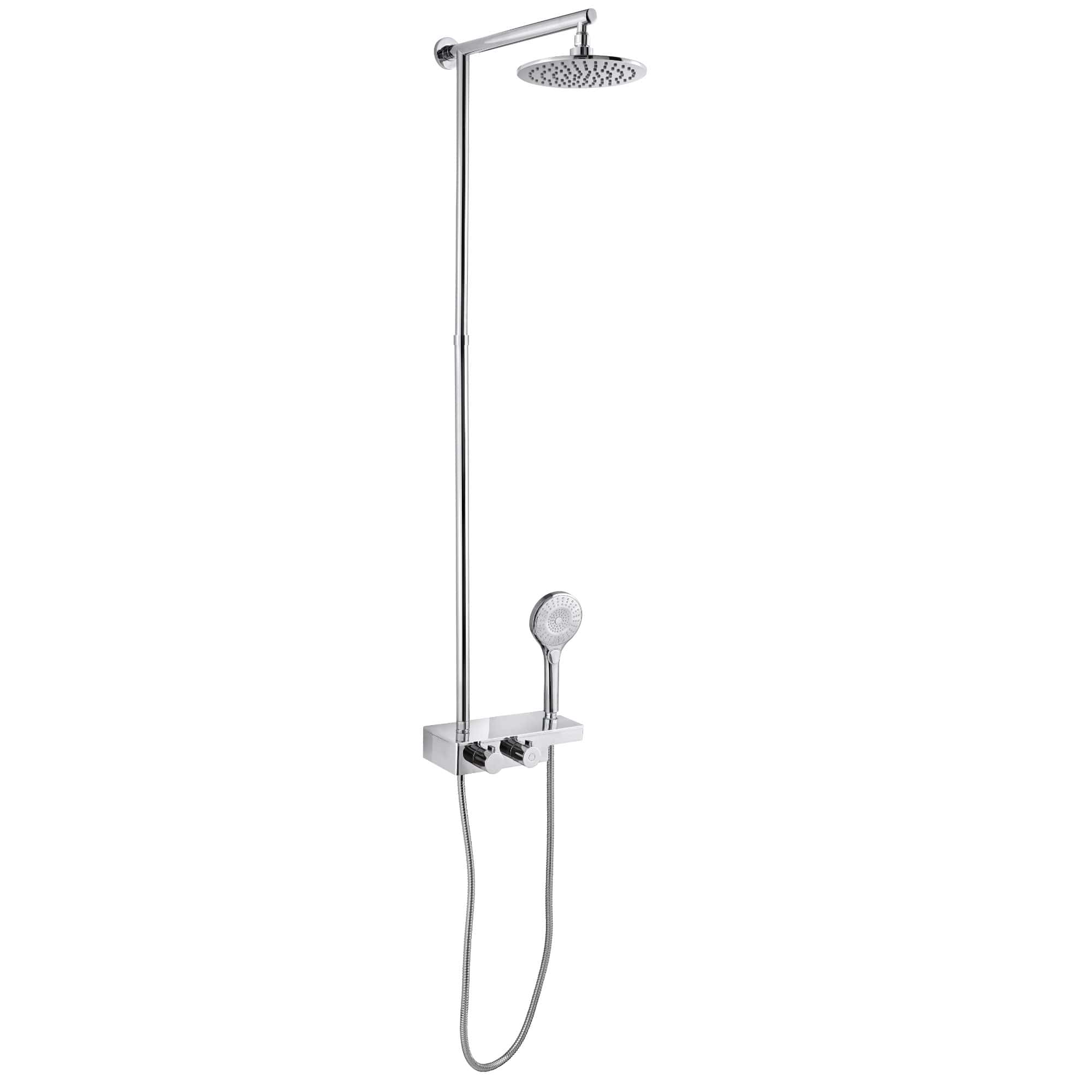 Shower panel with rainfall shower head and hand-held shower, modern chrome bathroom fixture for luxurious showering experience.