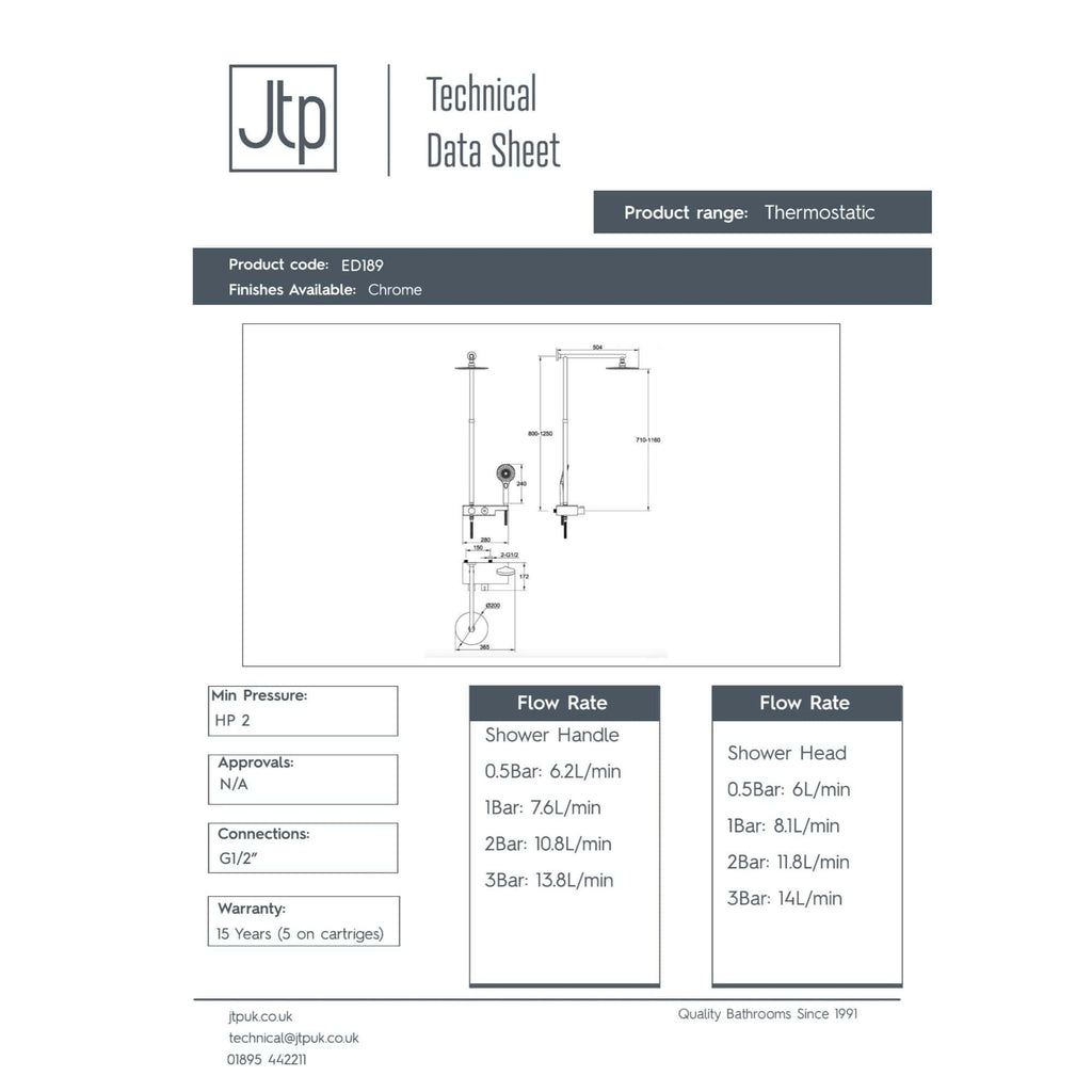 Shower and thermostatic shower system with chrome finish, including detailed technical specifications, flow rates, and connection information for modern bathroom installation.