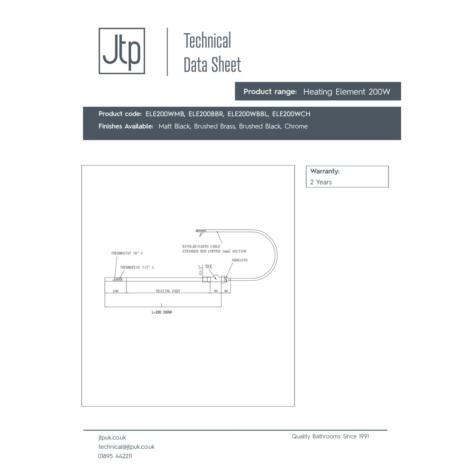 High-quality technical data sheet for Bubly Bathrooms heating element, featuring product specifications, finishes, warranty details, and technical drawings for efficient bathroom heating solutions.