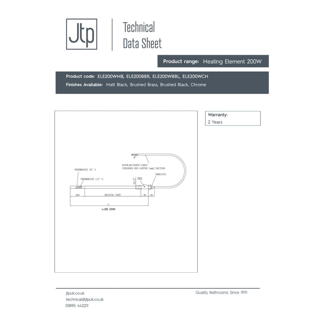 High-quality image of Bubly Bathrooms technical data sheet, showcasing bathroom heating element specifications and technical details for optimal bathroom heating solutions.