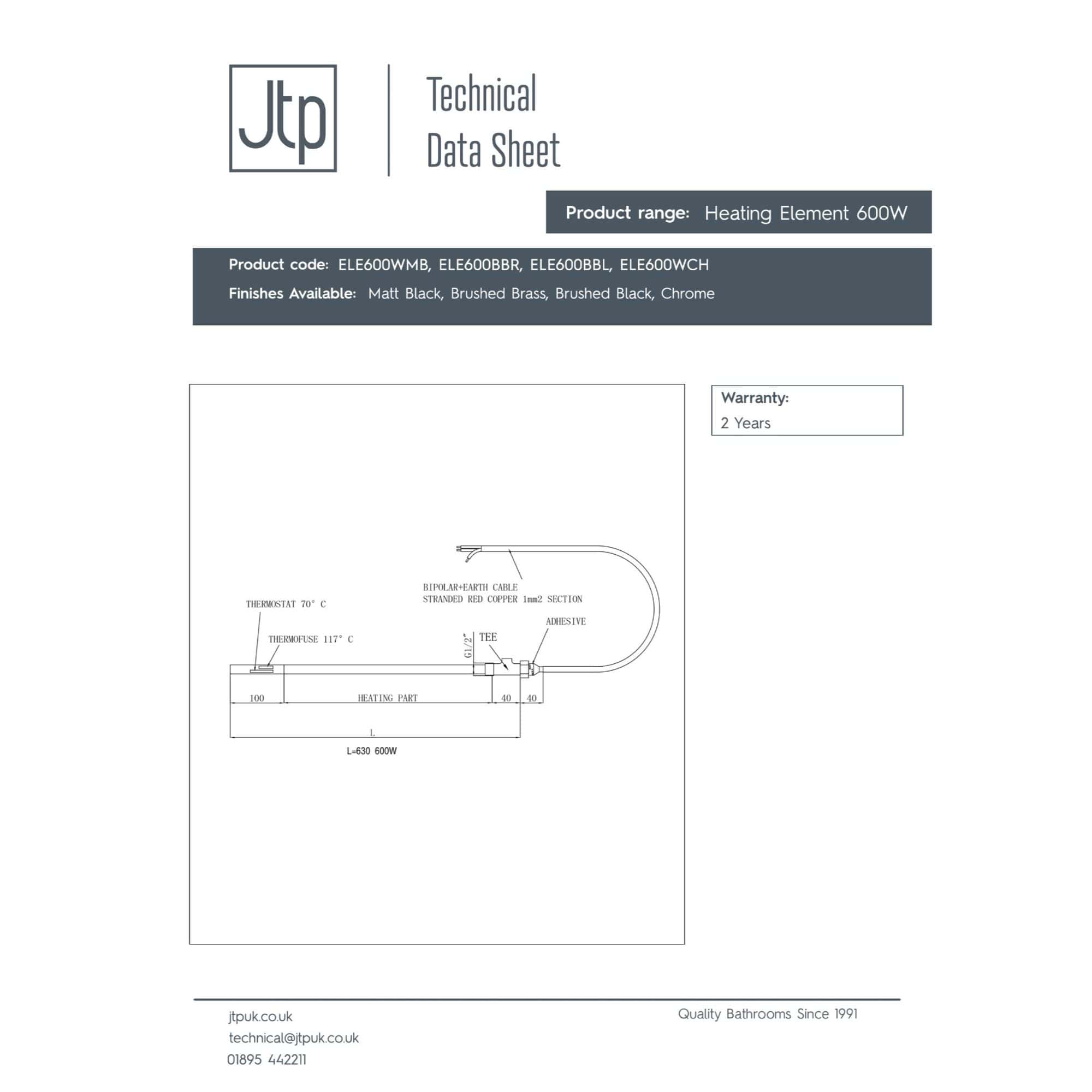 High-quality Bubly Bathrooms bathroom heating element with 600W power, available in matte black, brushed brass, and chrome finishes, designed to enhance bathroom comfort and efficiency.