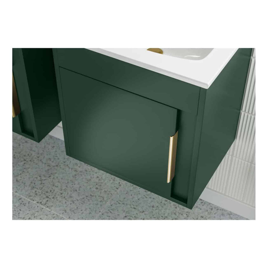 Sleek green bathroom vanity with gold accents and a white marble countertop, perfect for modern bathroom decor. Featuring storage space and elegant design, ideal for stylish bathroom upgrades.