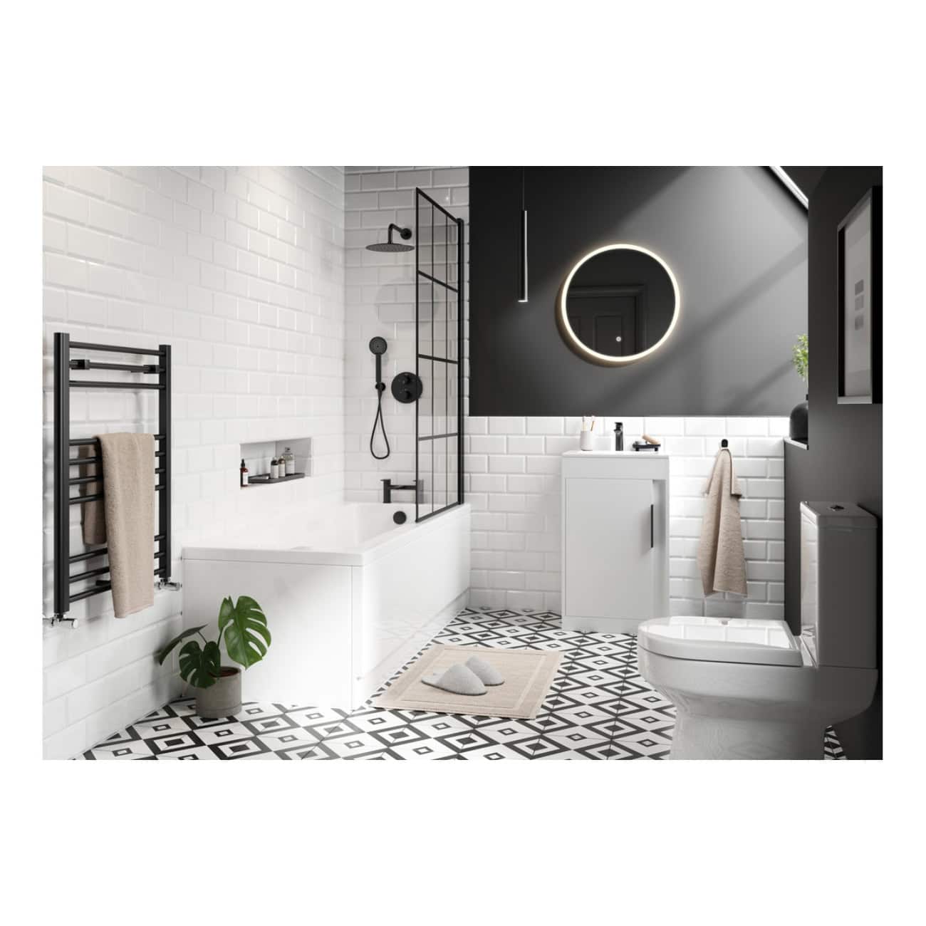 Modern monochrome bathroom with black and white tiles, sleek white bathtub, wall-mounted vanity, illuminated round mirror, and minimalist fixtures, creating a stylish and contemporary space.