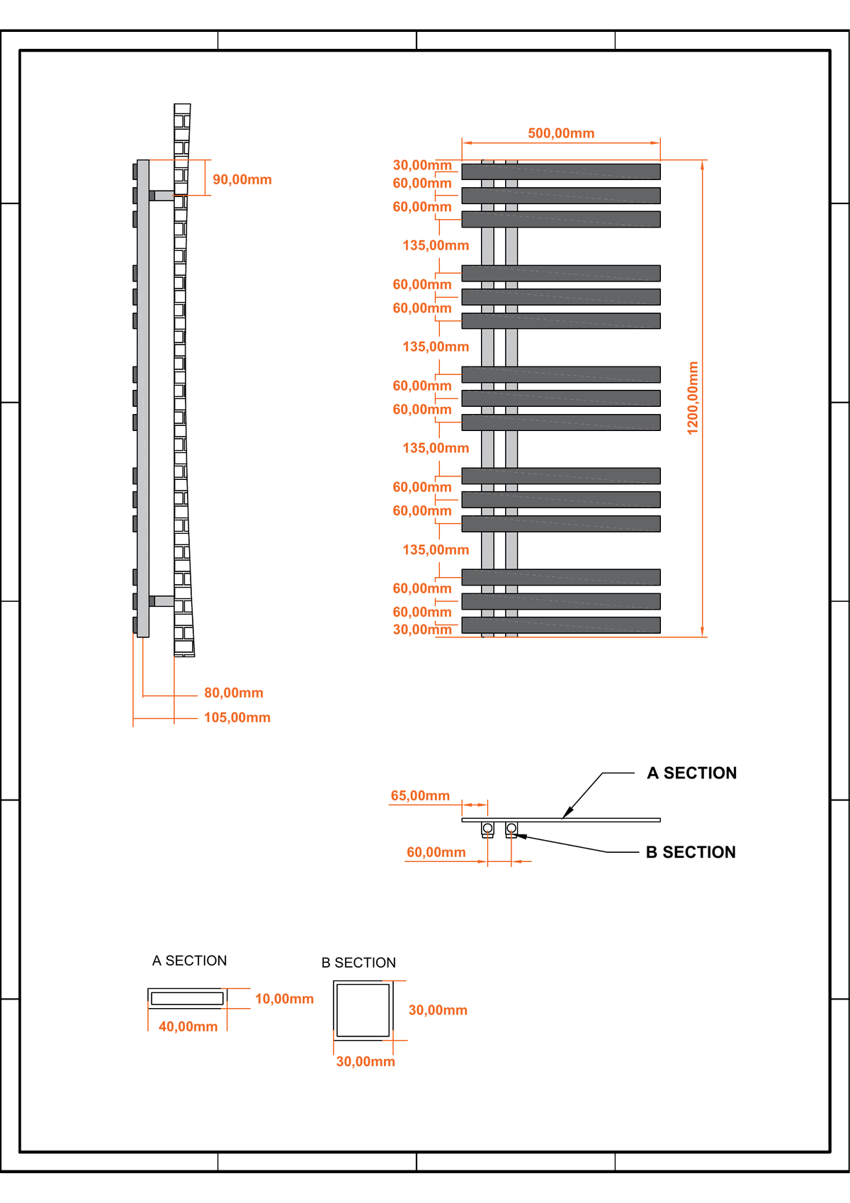 Scudo Elizabeth Vertical Chrome Towel Radiator - technical drawing with dimensions
