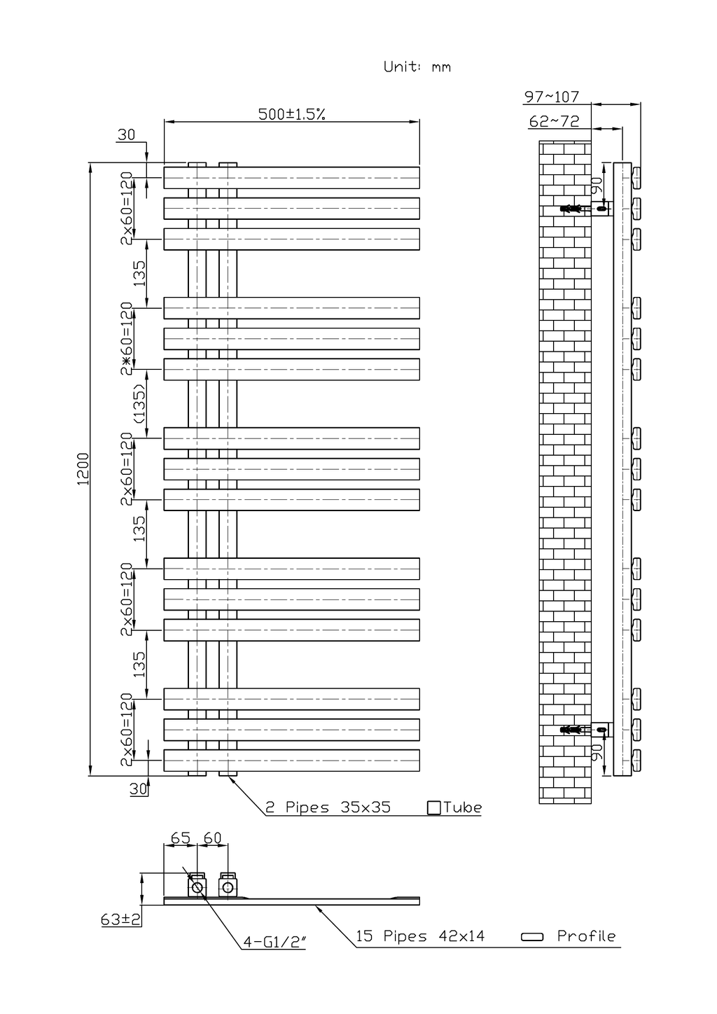 Scudo Elizabeth Vertical Chrome Towel Radiator - technical drawing with dimensions