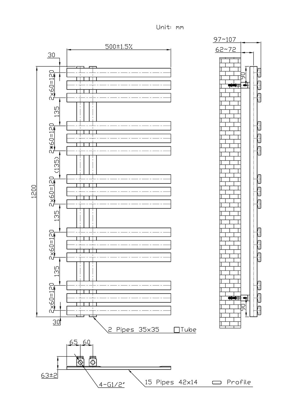 Scudo Elizabeth Vertical Chrome Towel Radiator - technical drawing with dimensions