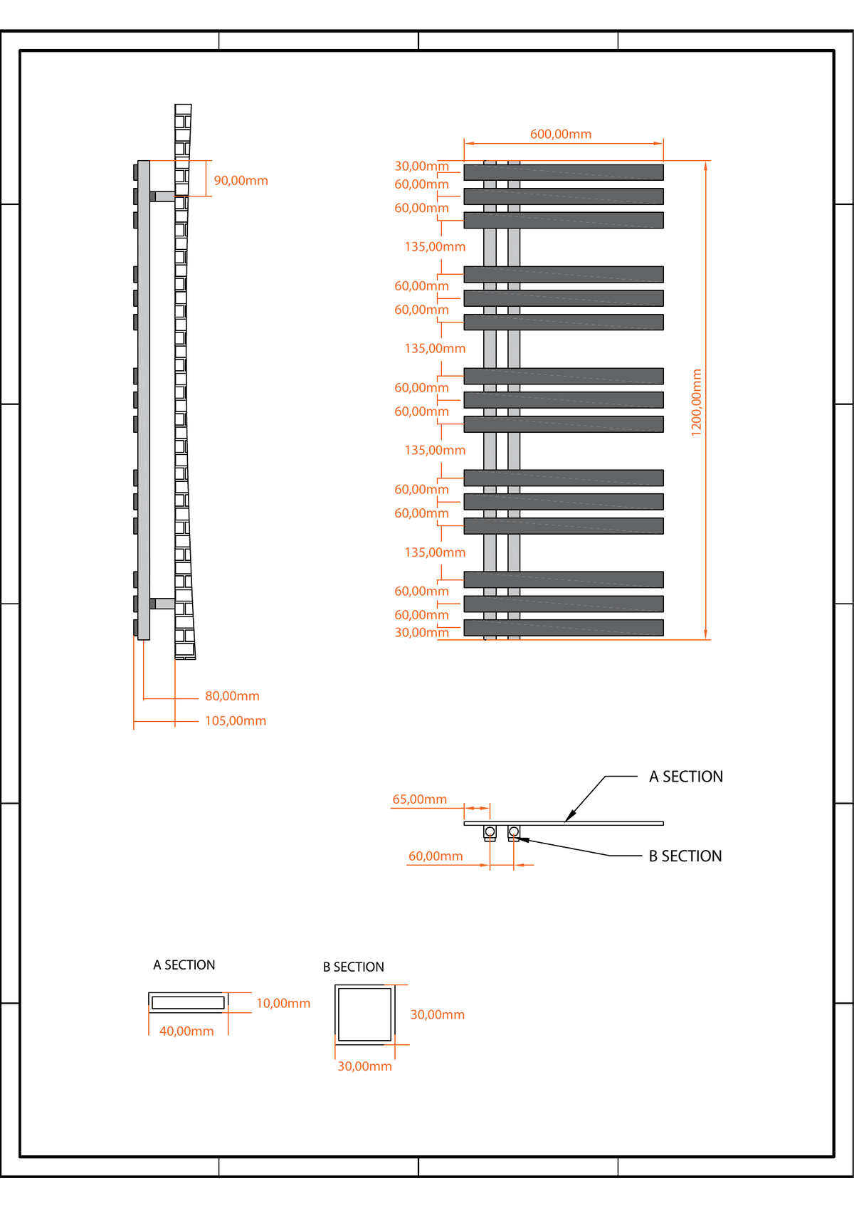 Scudo Elizabeth Vertical Anthracite Towel Radiator - technical drawing with dimensions