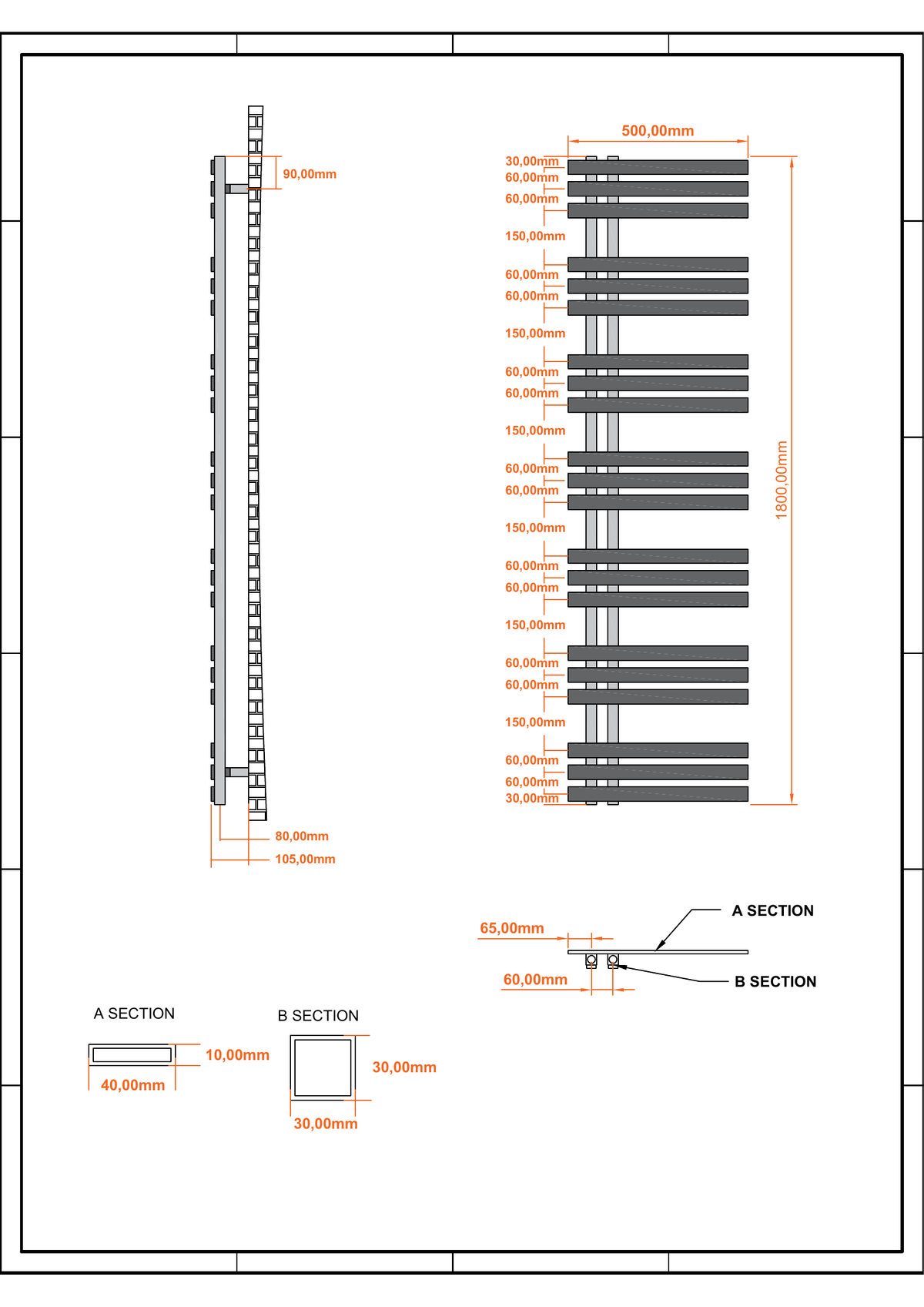 Scudo Elizabeth Vertical Chrome Towel Radiator - technical drawing with dimensions