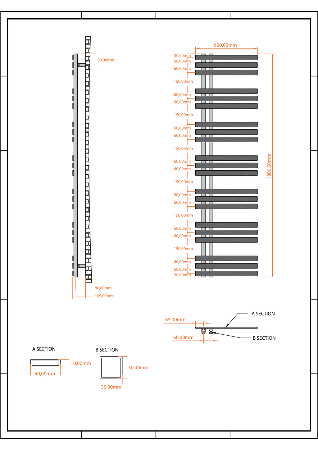 Scudo Elizabeth Vertical Anthracite Towel Radiator - technical drawing with dimensions