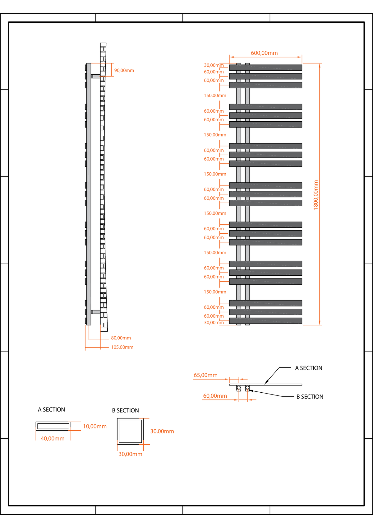 Scudo Elizabeth Vertical Anthracite Towel Radiator - technical drawing with dimensions