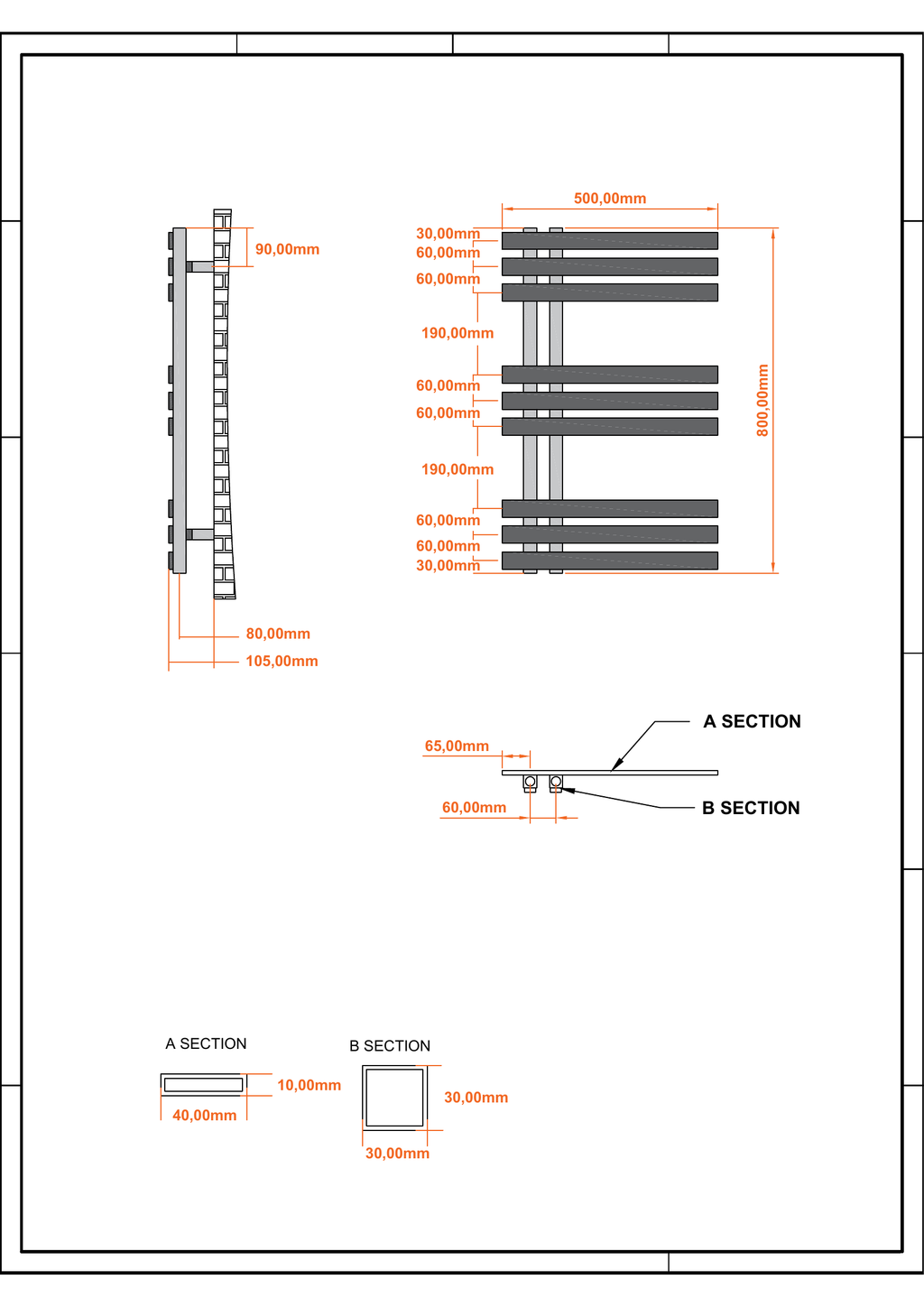 Scudo Elizabeth Vertical Chrome Towel Radiator - technical drawing with dimensions