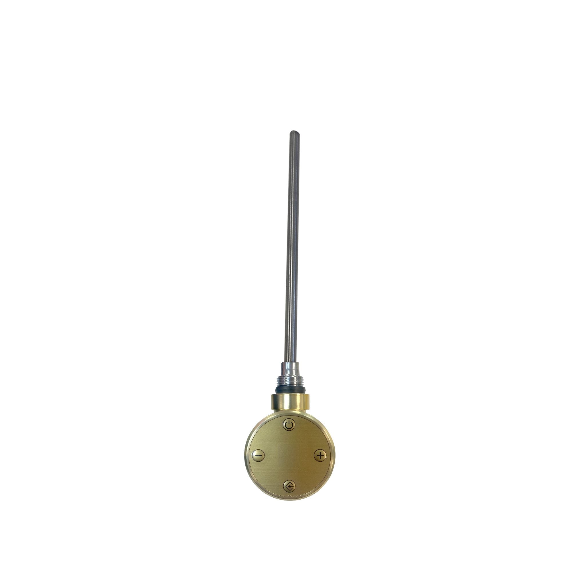 Remote control for bathroom fixtures, sleek gold design with buttons for power, volume, and settings, ideal for modern bathroom automation and smart shower controls.