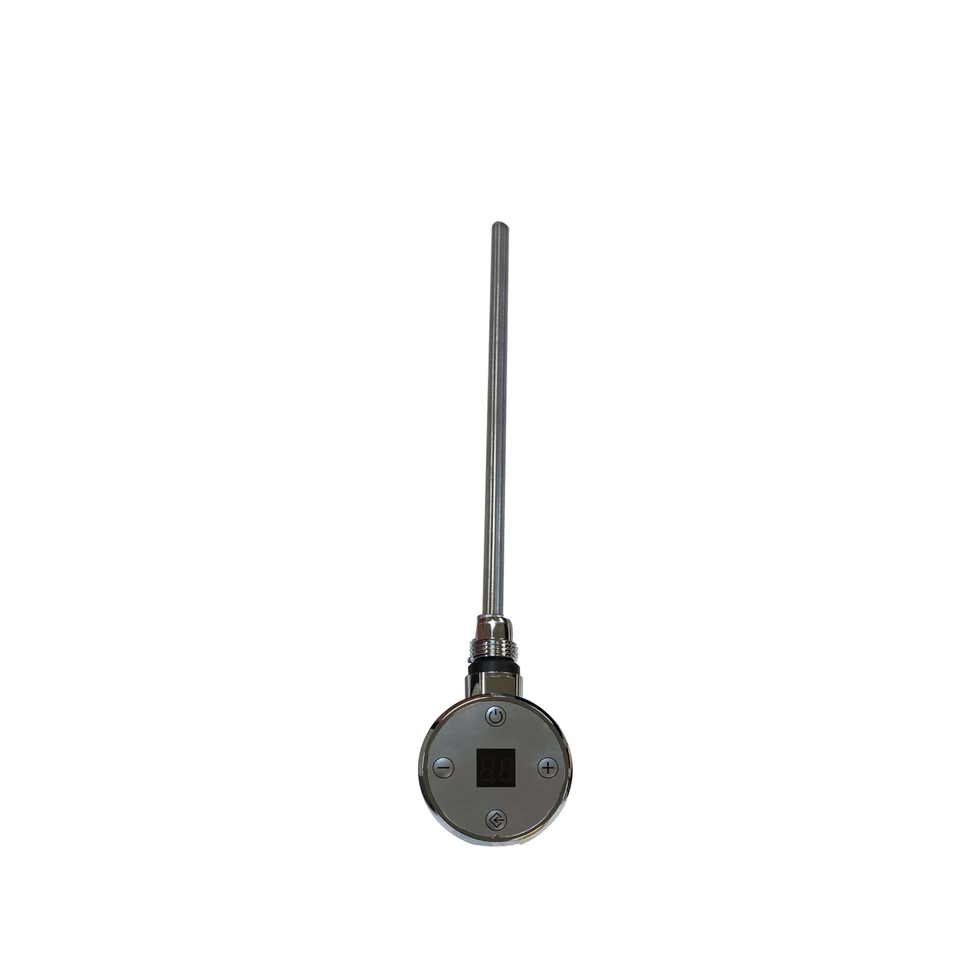 Thermostatic digital shower control with a sleek round design, digital display, and temperature adjustment buttons, perfect for modern bathrooms.