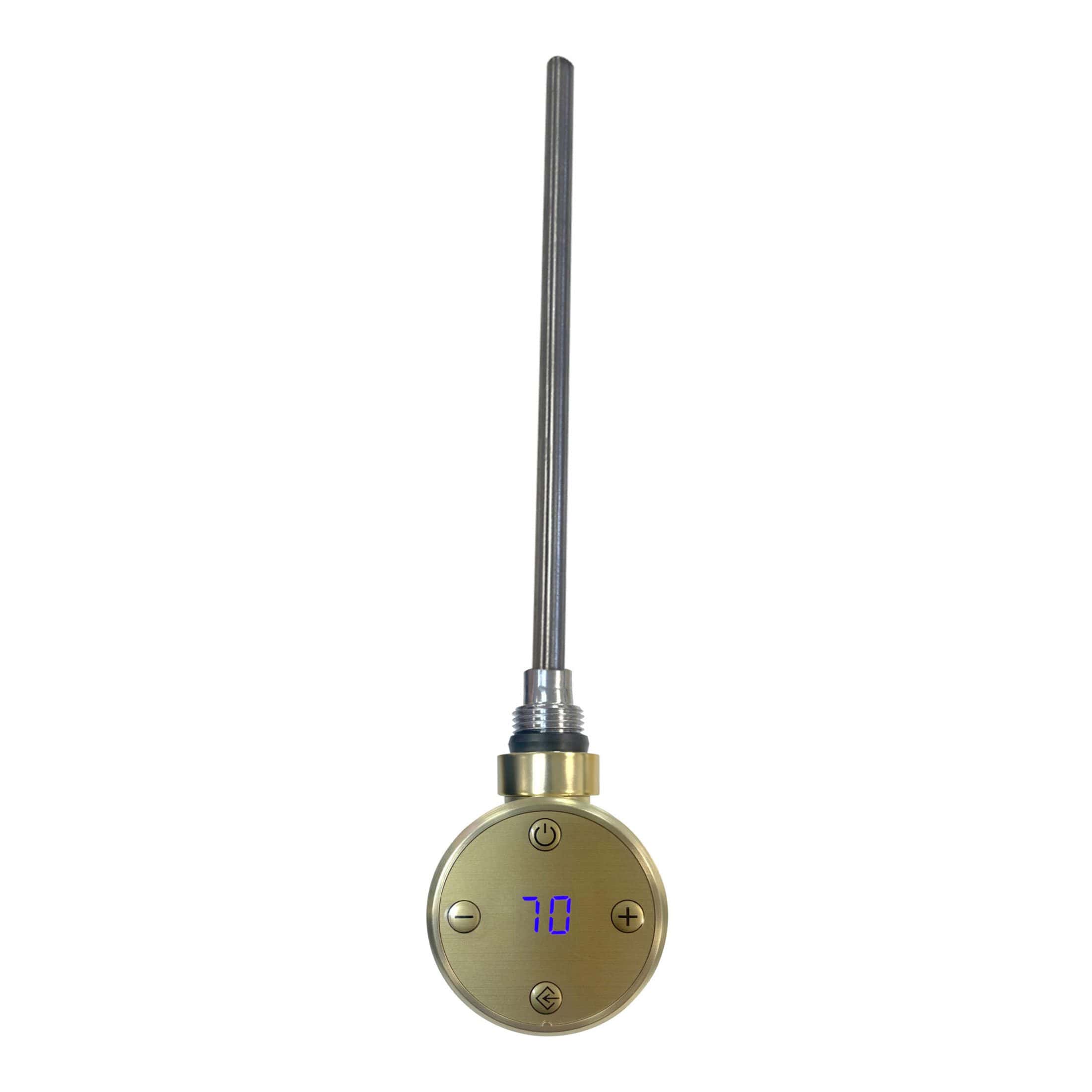 Digital shower controller with built-in temperature display and sleek gold finish, designed for modern bathrooms. Easy to operate with touch buttons for precise temperature control.