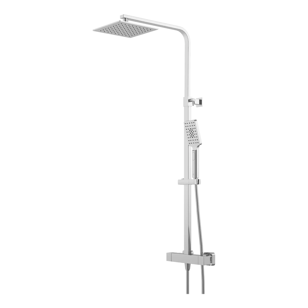Chrome shower panel with overhead rain shower, handheld showerhead, and adjustable body jets, designed for modern luxury bathrooms. Perfect for upgrading your shower space.