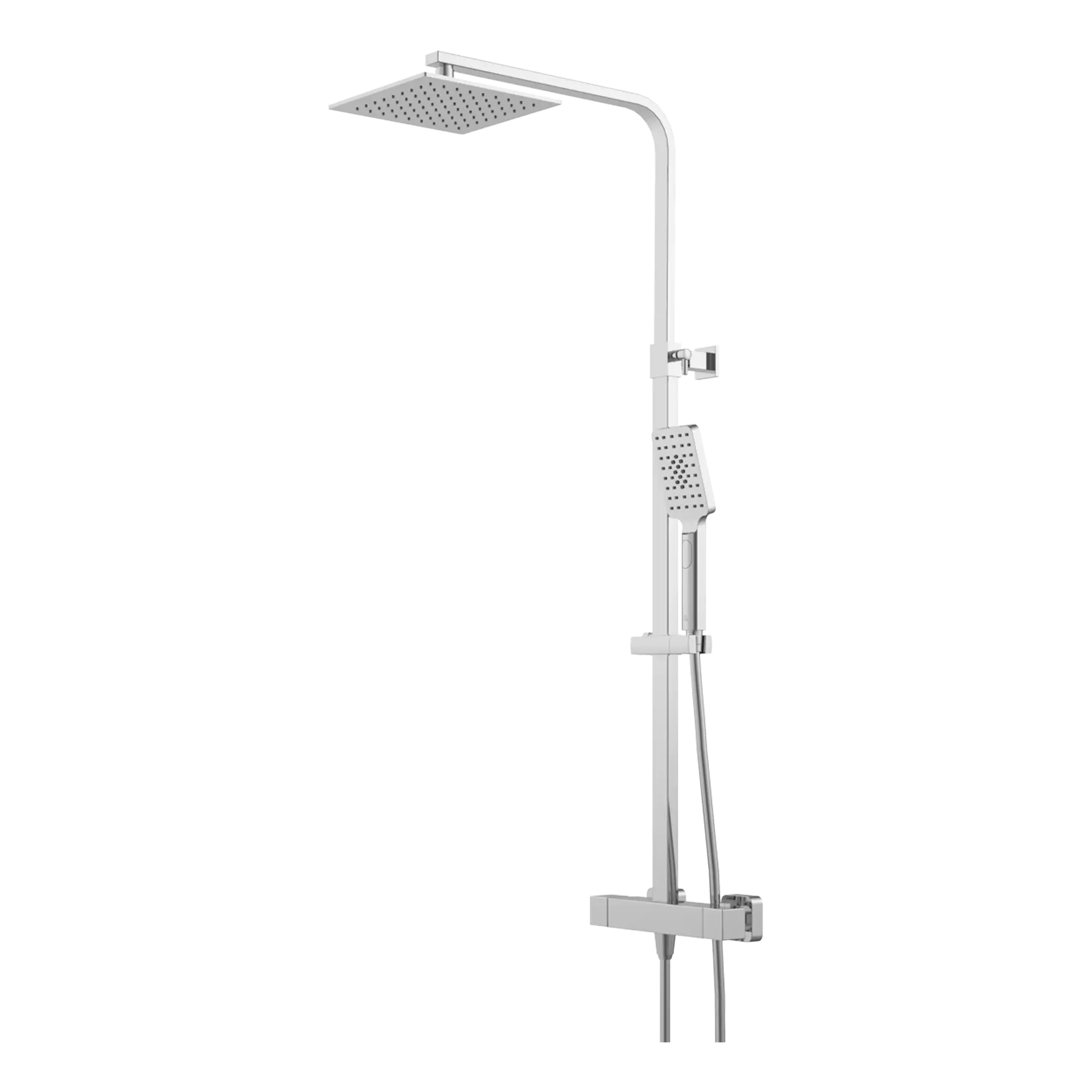 Chrome shower panel with overhead rain shower, handheld showerhead, and adjustable body jets, designed for modern luxury bathrooms. Perfect for upgrading your shower space.