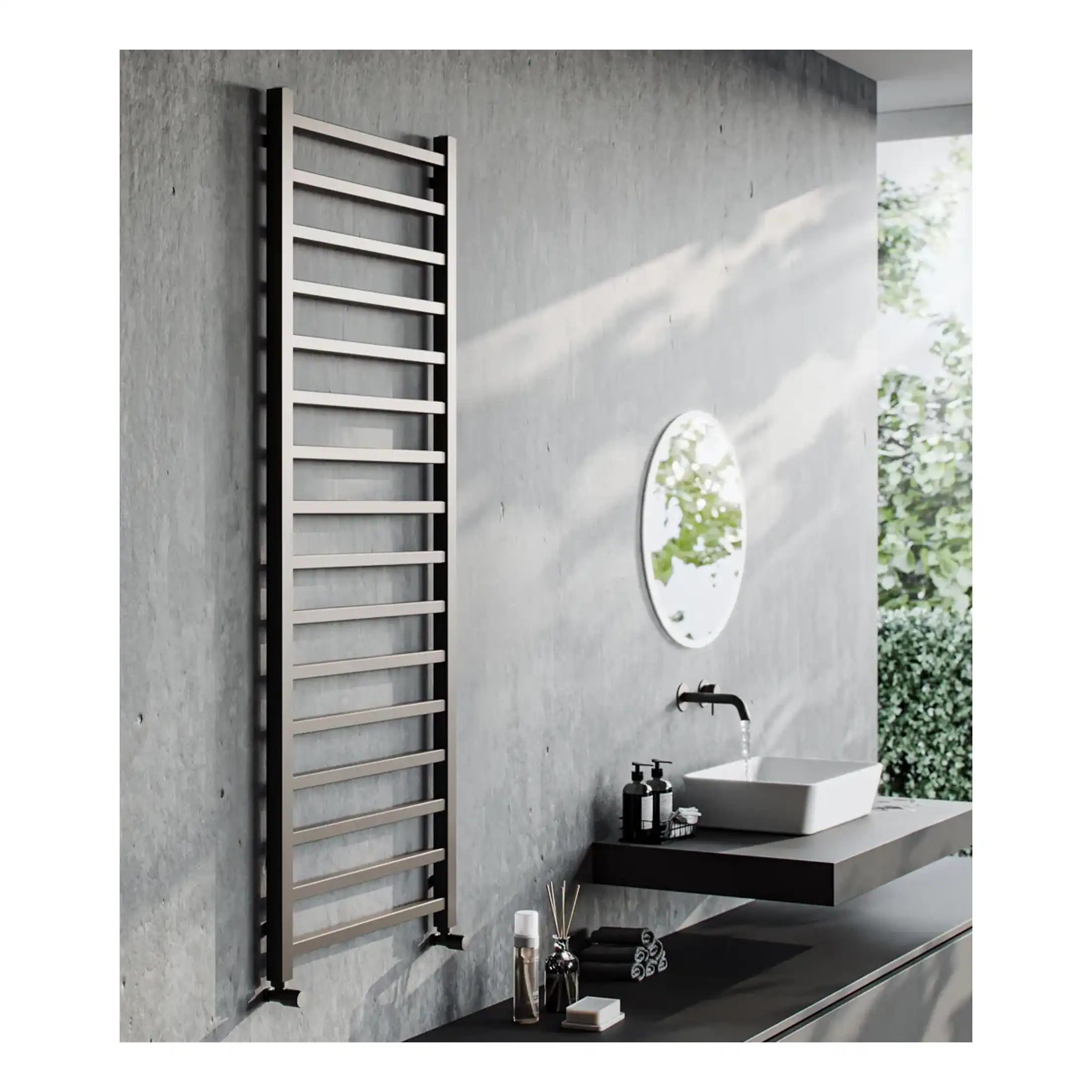 Stylish modern towel radiator on a concrete wall in contemporary bathroom with sleek sink and minimalist decor. Ideal for heating and drying towels in a stylish bathroom setting.
