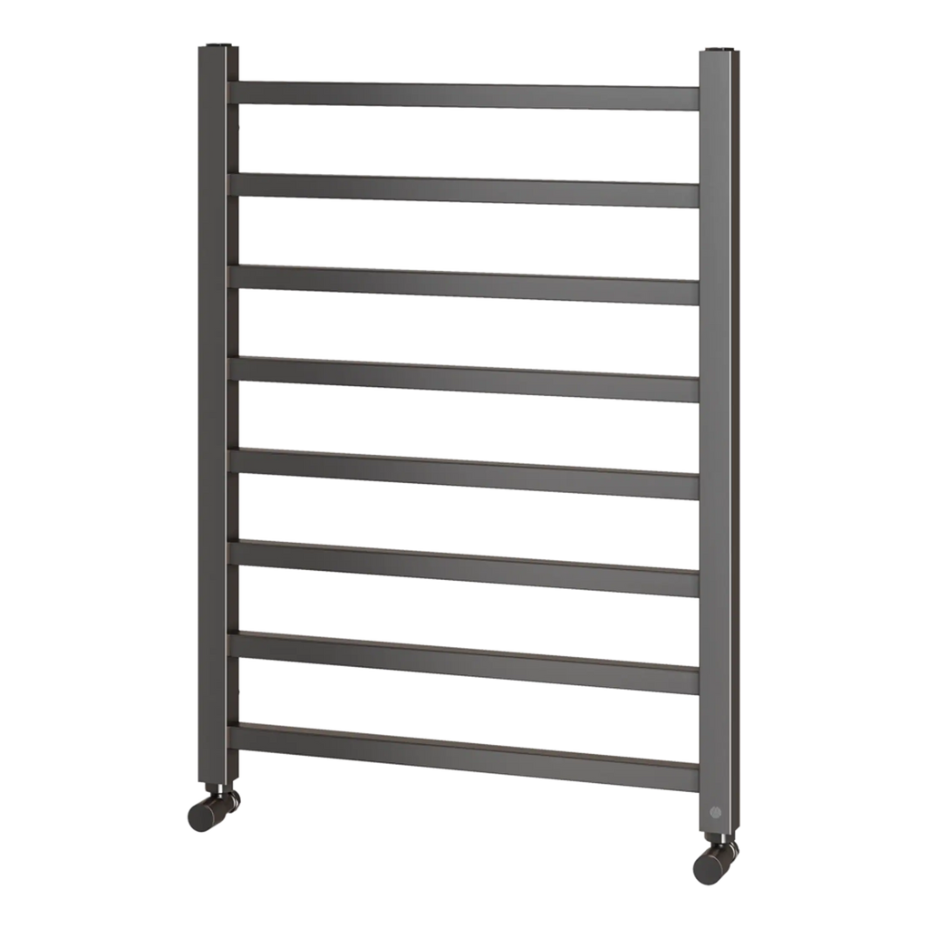 Sliding bathroom radiator towel rail in modern grey finish, ideal for bathroom heating and towel drying, with durable design and easy mobility.