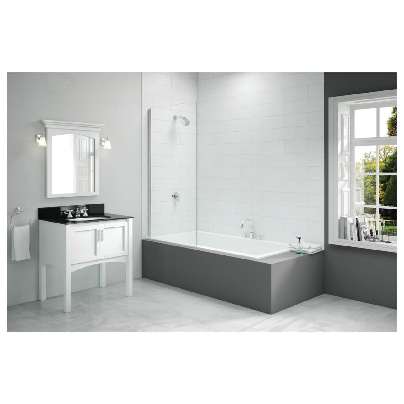 Bright modern bathroom featuring white subway tiles, a sleek bathtub, and a vanity with a black countertop, ideal for contemporary bathroom renovations and stylish interior design.