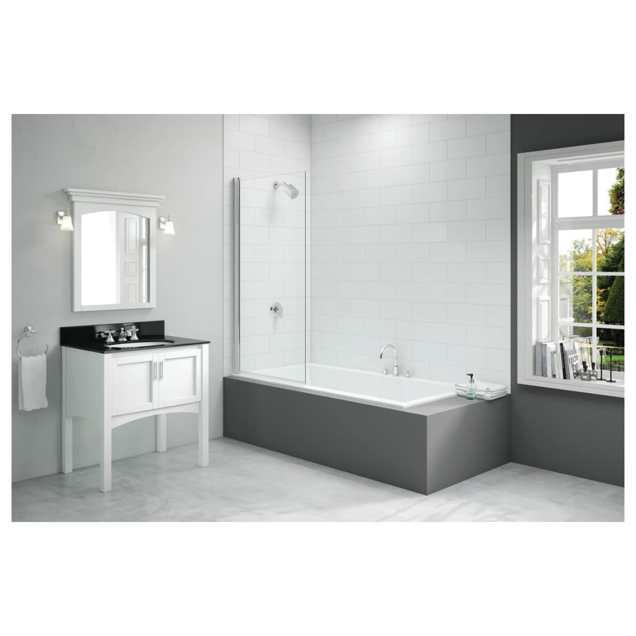 Elegant modern bathroom featuring a white bathtub, white tile walls, and a classic white vanity with a black countertop. Bright natural light from large window highlights clean, contemporary bathroom design.