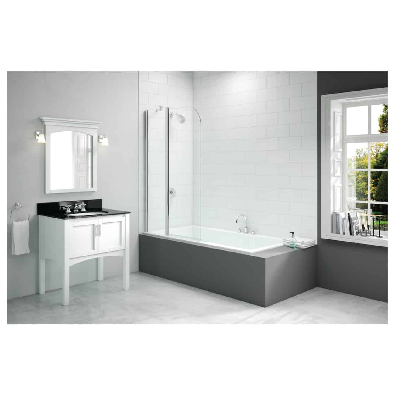 Modern bathroom featuring a white bathtub, black and white vanity with mirror, and large window with a garden view, designed by Bubly Bathrooms for elegant bathroom renovations.