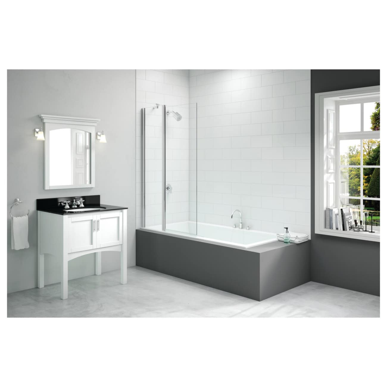 Elegant modern bathroom featuring a white bathtub, a stylish vanity with black countertop, wall-mounted mirror, and large window with a scenic view, ideal for contemporary bathroom designs.