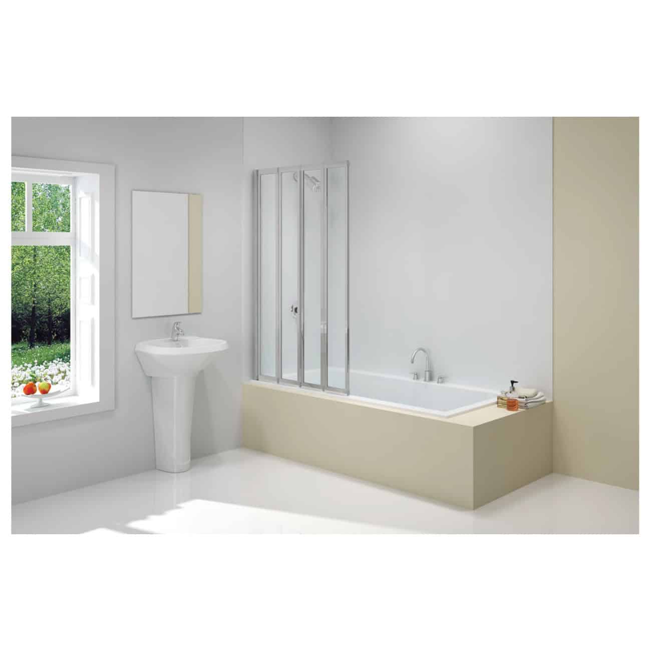 Modern minimalist bathroom with white walls, bathtub, shower enclosure, pedestal sink, and large window overlooking greenery, creating a bright and airy space.