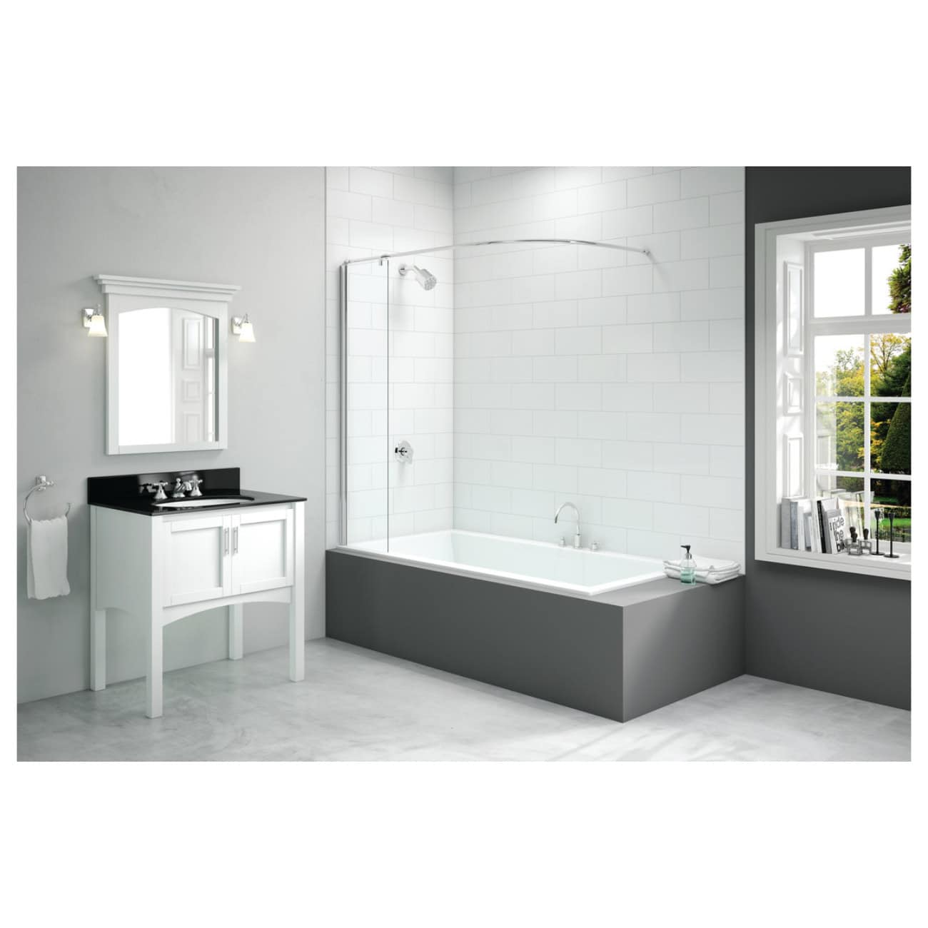 Modern white bathroom with a sleek bathtub, black vanity with a mirror, and large window showcasing greenery, designed for luxury bathroom remodels and bathroom fixtures.