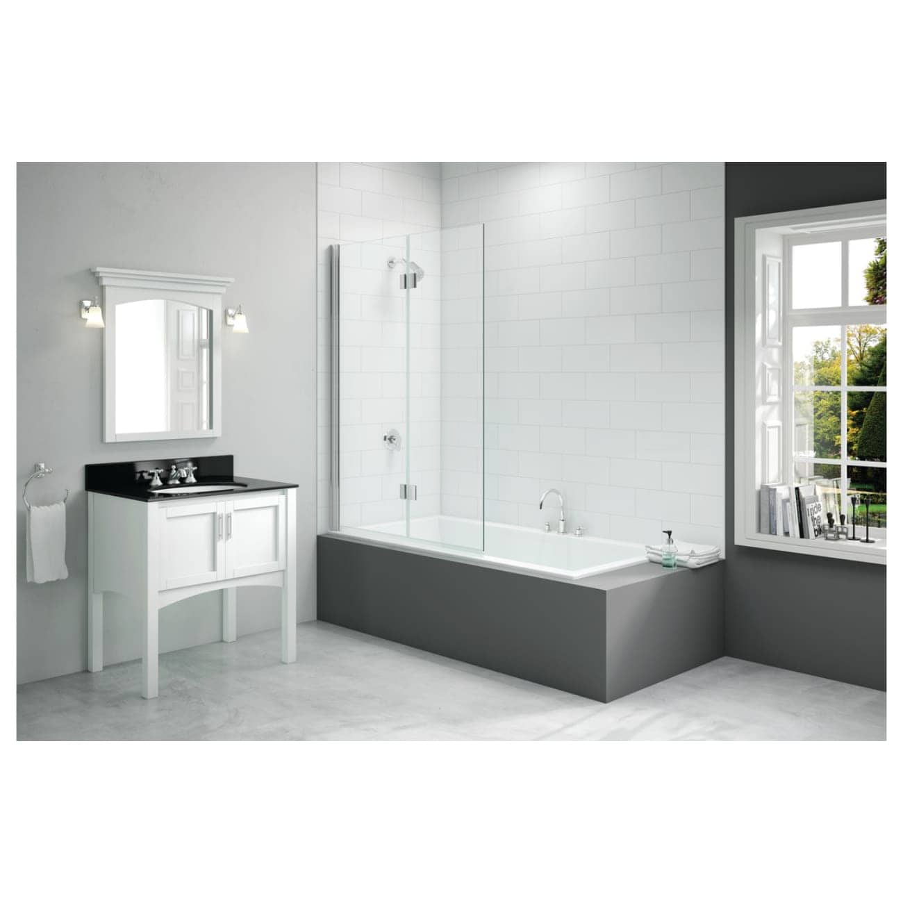 Elegant modern bathroom with white and grey colour scheme, featuring a bathtub with glass screen, stylish vanity unit with mirror, and large window letting in natural light, perfect for contemporary bathroom design.
