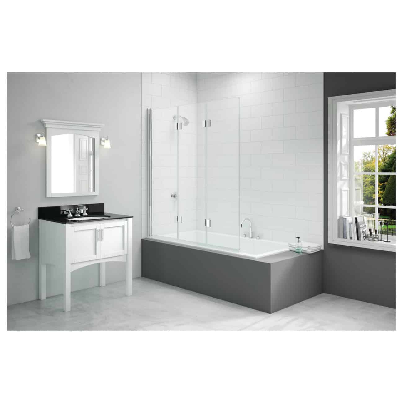 Bright modern bathroom featuring a bathtub with a glass screen, a white vanity unit with sink, and a large window with a garden view, ideal for contemporary bathroom designs.
